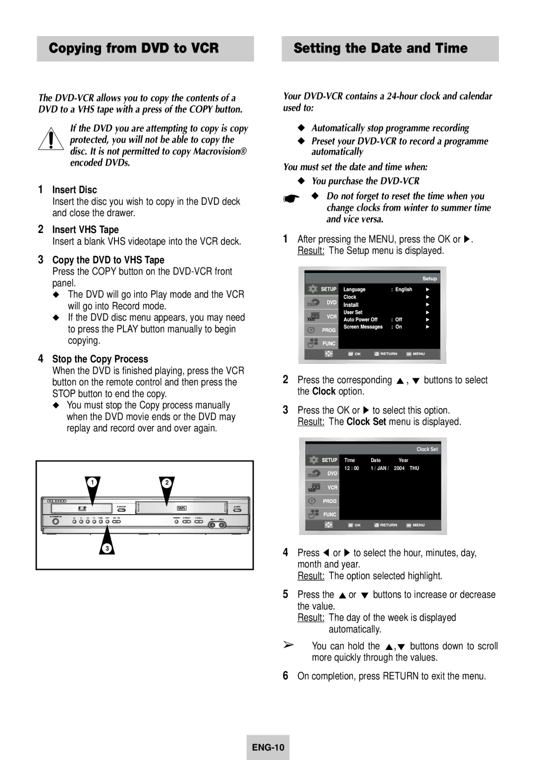 Samsung DVD-V940K Copying from DVD to VCR Setting the Date and Time, Insert Disc, Insert VHS Tape, Stop the Copy Process 