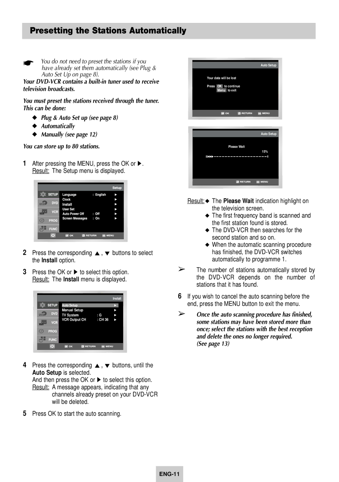 Samsung DVD-V940K instruction manual Presetting the Stations Automatically, Press the corresponding, Install option, See 