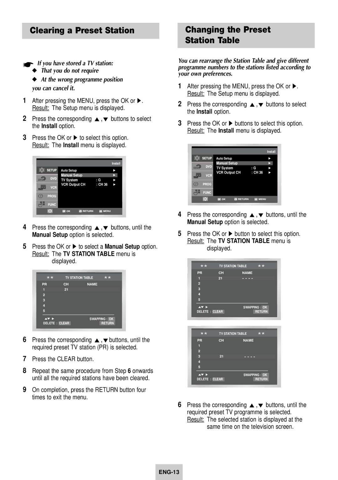 Samsung DVD-V940K instruction manual Clearing a Preset Station, Changing the Preset Station Table, Press the Clear button 