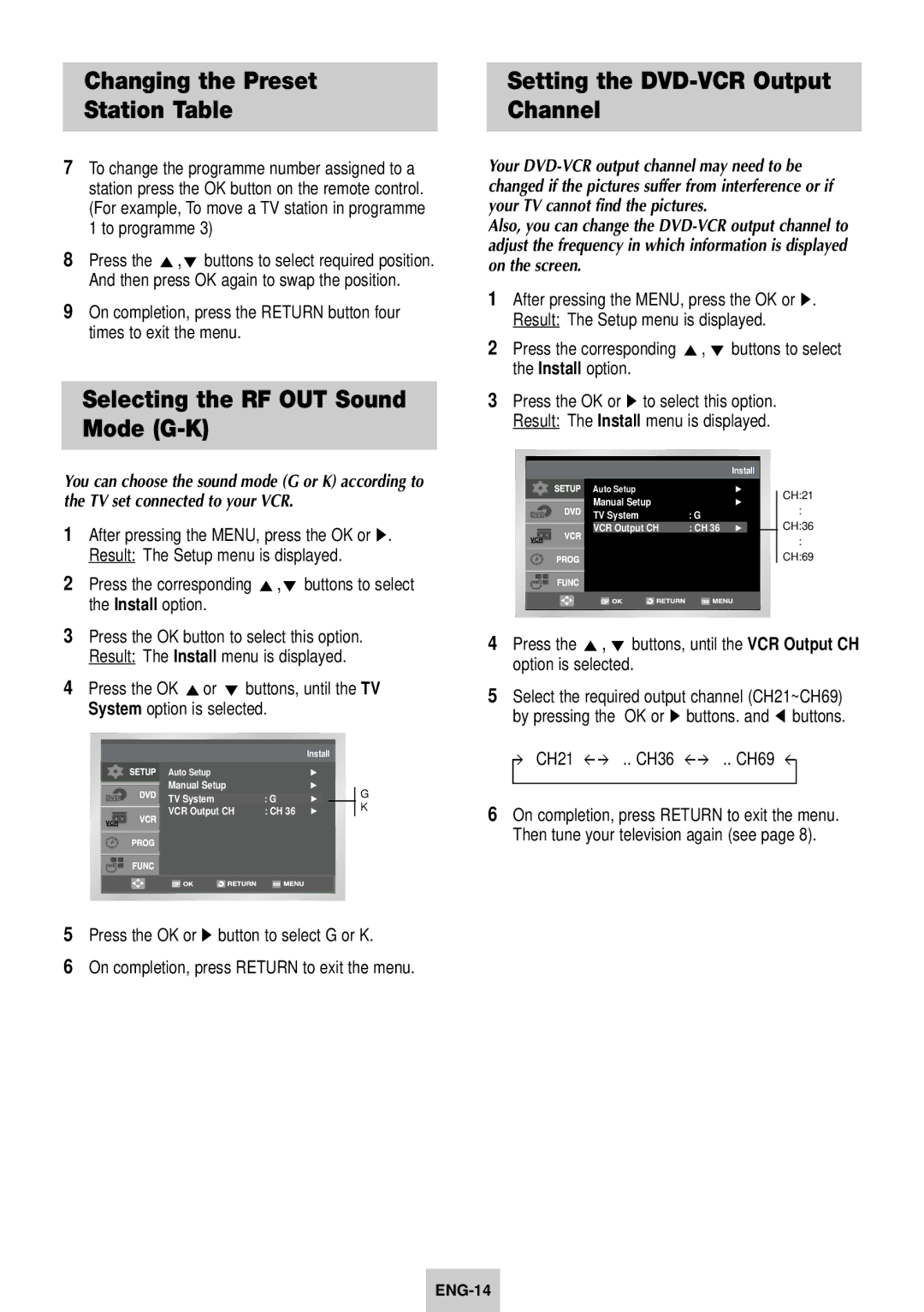 Samsung DVD-V940K instruction manual Selecting the RF OUT Sound Mode G-K, CH21 .. CH36 .. CH69 