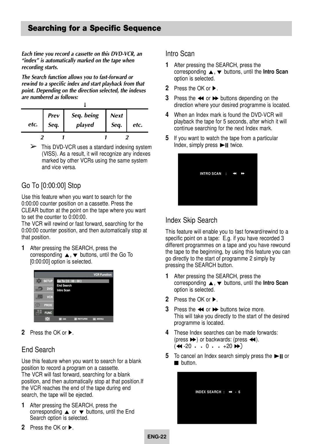 Samsung DVD-V940K Searching for a Specific Sequence, Go To 00000 Stop, End Search, Intro Scan, Index Skip Search 