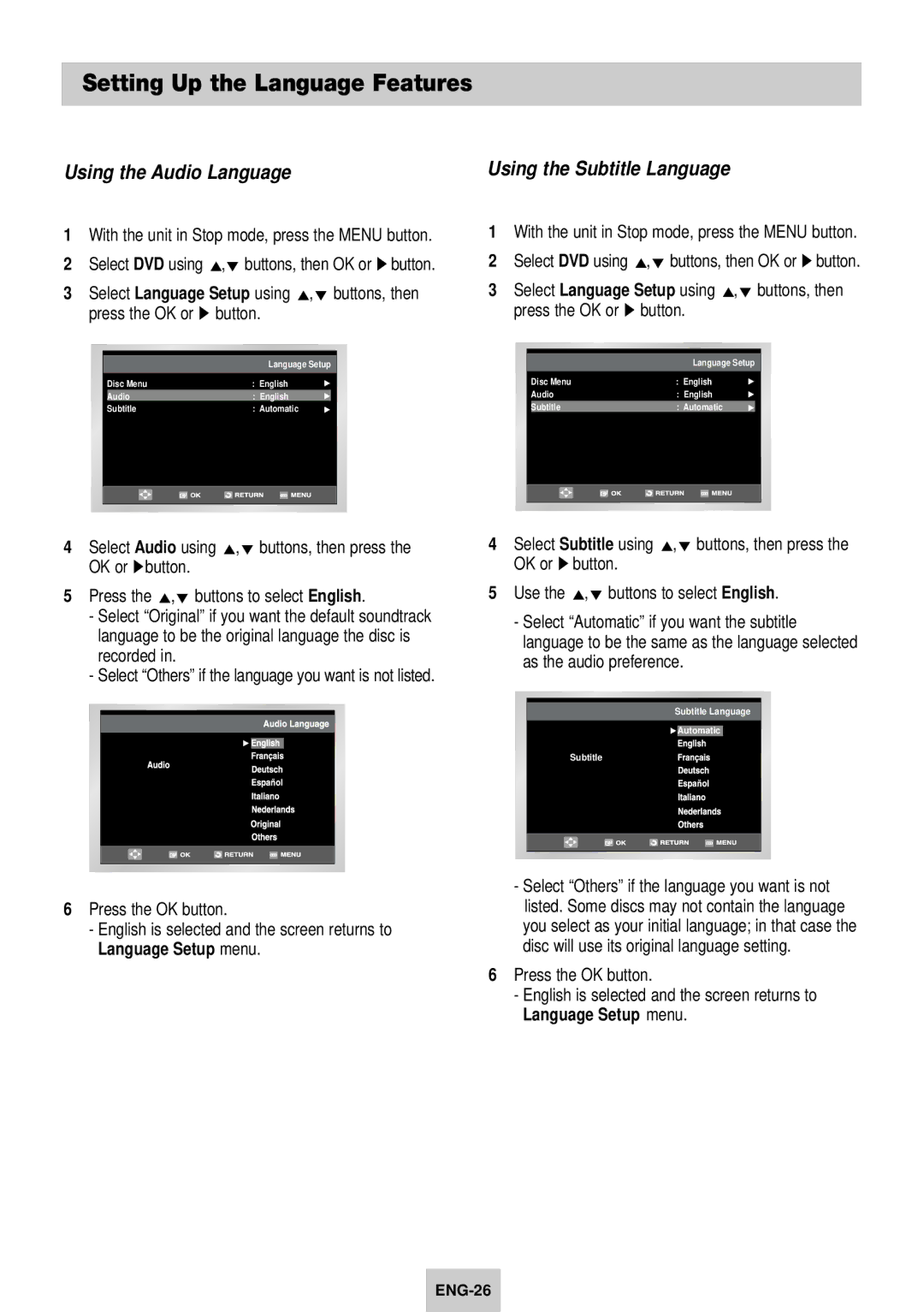 Samsung DVD-V940K Setting Up the Language Features, OK or ❿button, Press the ,❷ buttons to select English, Recorded 