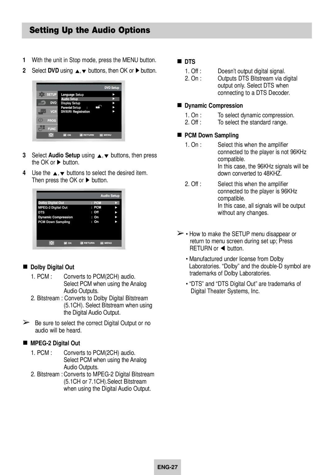 Samsung DVD-V940K Setting Up the Audio Options, Dolby Digital Out, MPEG-2 Digital Out, Dynamic Compression 