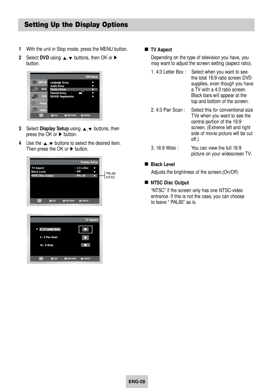 Samsung DVD-V940K Setting Up the Display Options, TV Aspect, Black Level, Adjusts the brightness of the screen.On/Off 