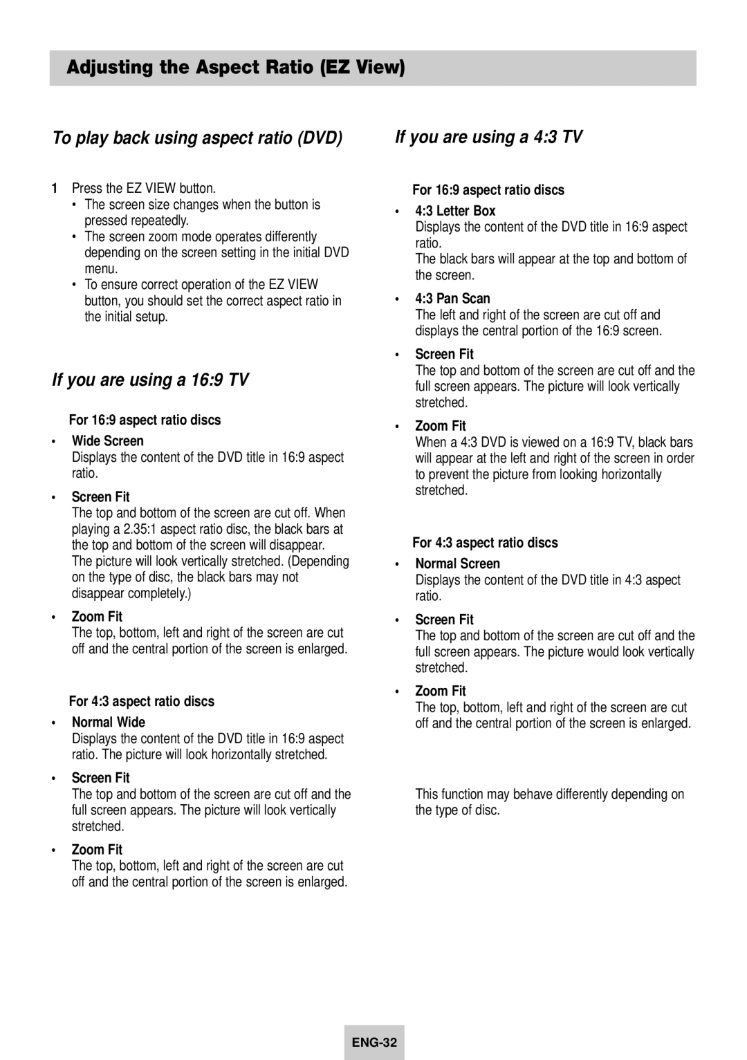 Samsung DVD-V940K Adjusting the Aspect Ratio EZ View, To play back using aspect ratio DVD, If you are using a 169 TV 