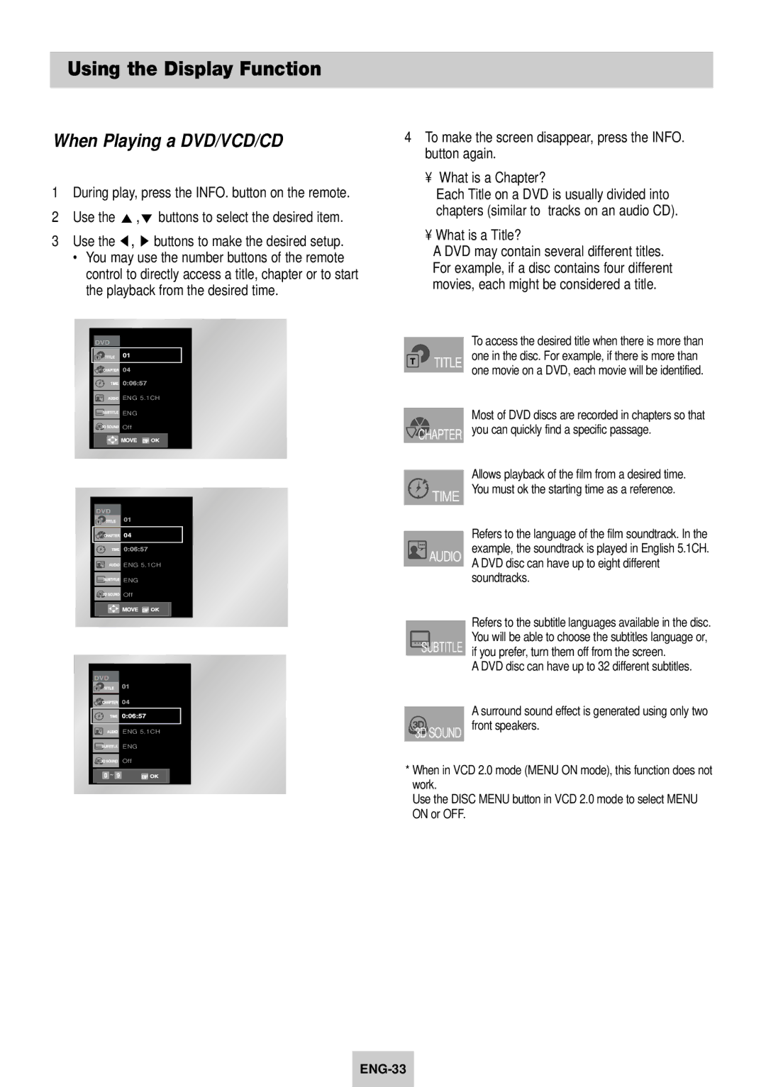 Samsung DVD-V940K instruction manual Using the Display Function, When Playing a DVD/VCD/CD 