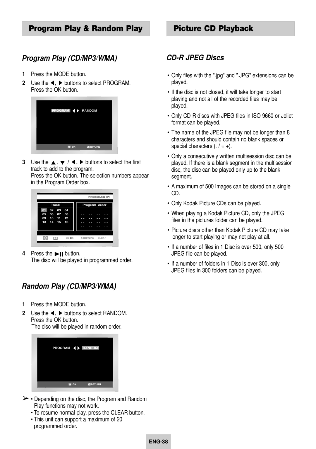 Samsung DVD-V940K Program Play & Random Play, Picture CD Playback, Program Play CD/MP3/WMA, Random Play CD/MP3/WMA 