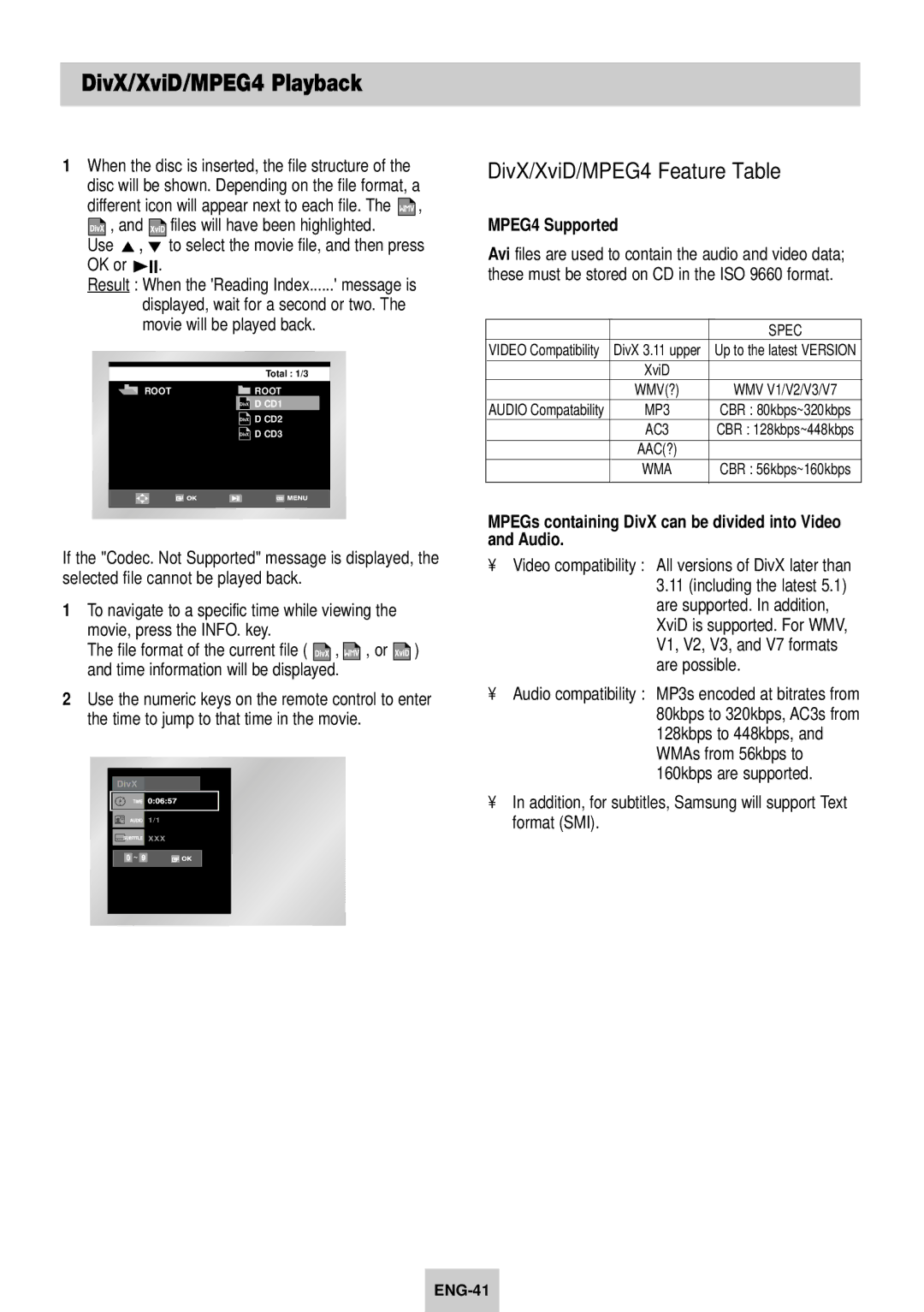 Samsung DVD-V940K instruction manual DivX/XviD/MPEG4 Playback, DivX/XviD/MPEG4 Feature Table, MPEG4 Supported 