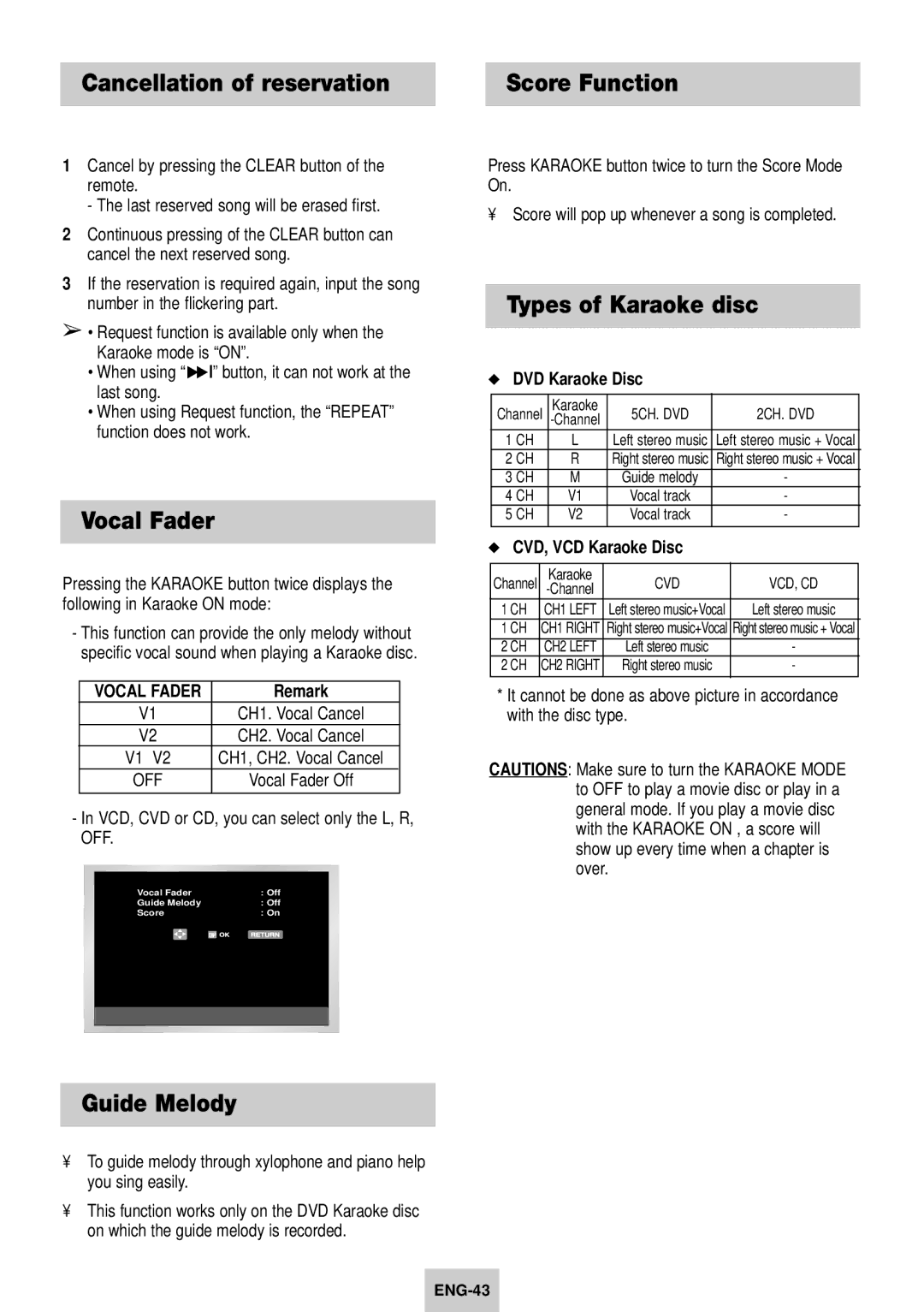 Samsung DVD-V940K instruction manual Cancellation of reservation, Vocal Fader, Guide Melody, Types of Karaoke disc 