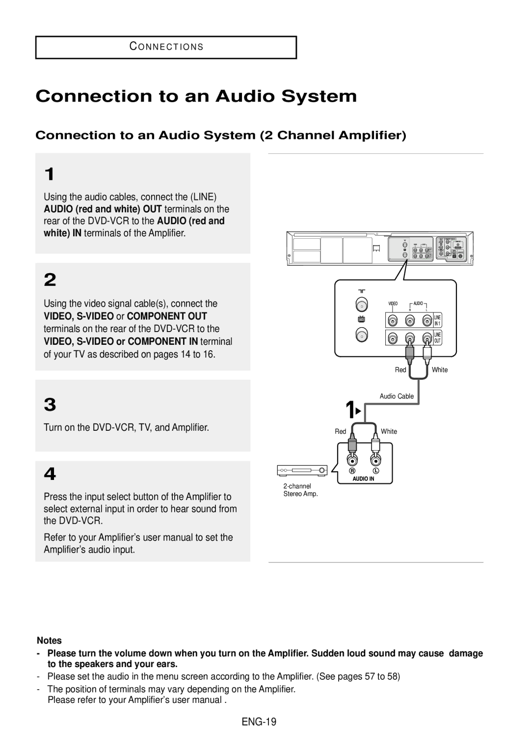 Samsung DVD-V9500 Connection to an Audio System 2 Channel Amplifier, Using the video signal cables, connect, ENG-19 