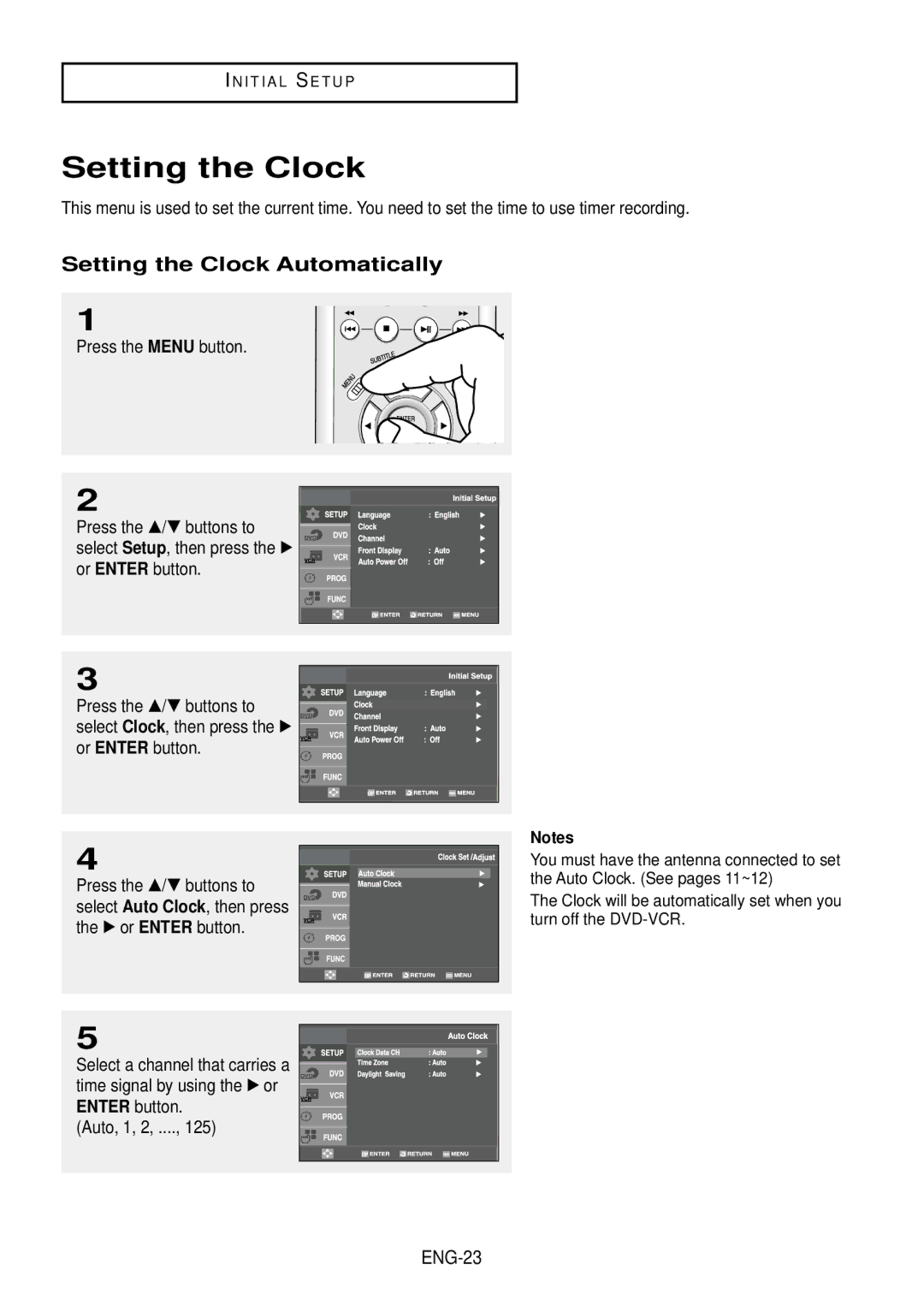 Samsung DVD-V9500 instruction manual Setting the Clock Automatically, Auto, 1, 2, ENG-23 