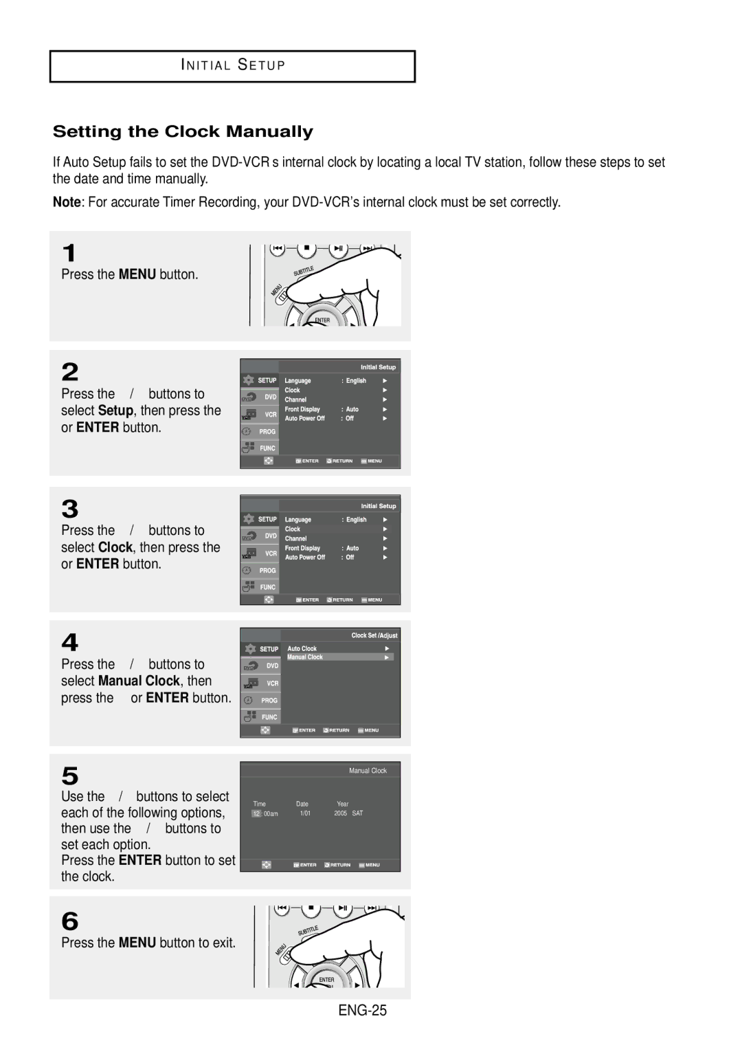 Samsung DVD-V9500 instruction manual Setting the Clock Manually, Press the Enter button to set the clock, ENG-25 