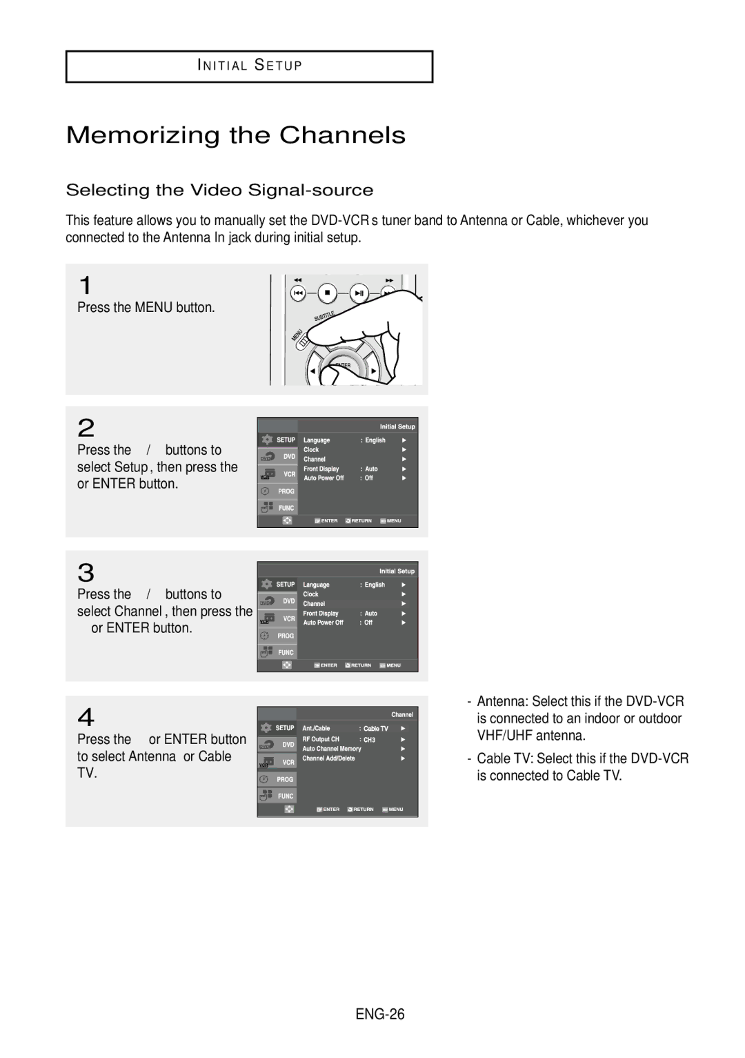 Samsung DVD-V9500 instruction manual Memorizing the Channels, Selecting the Video Signal-source, ENG-26 