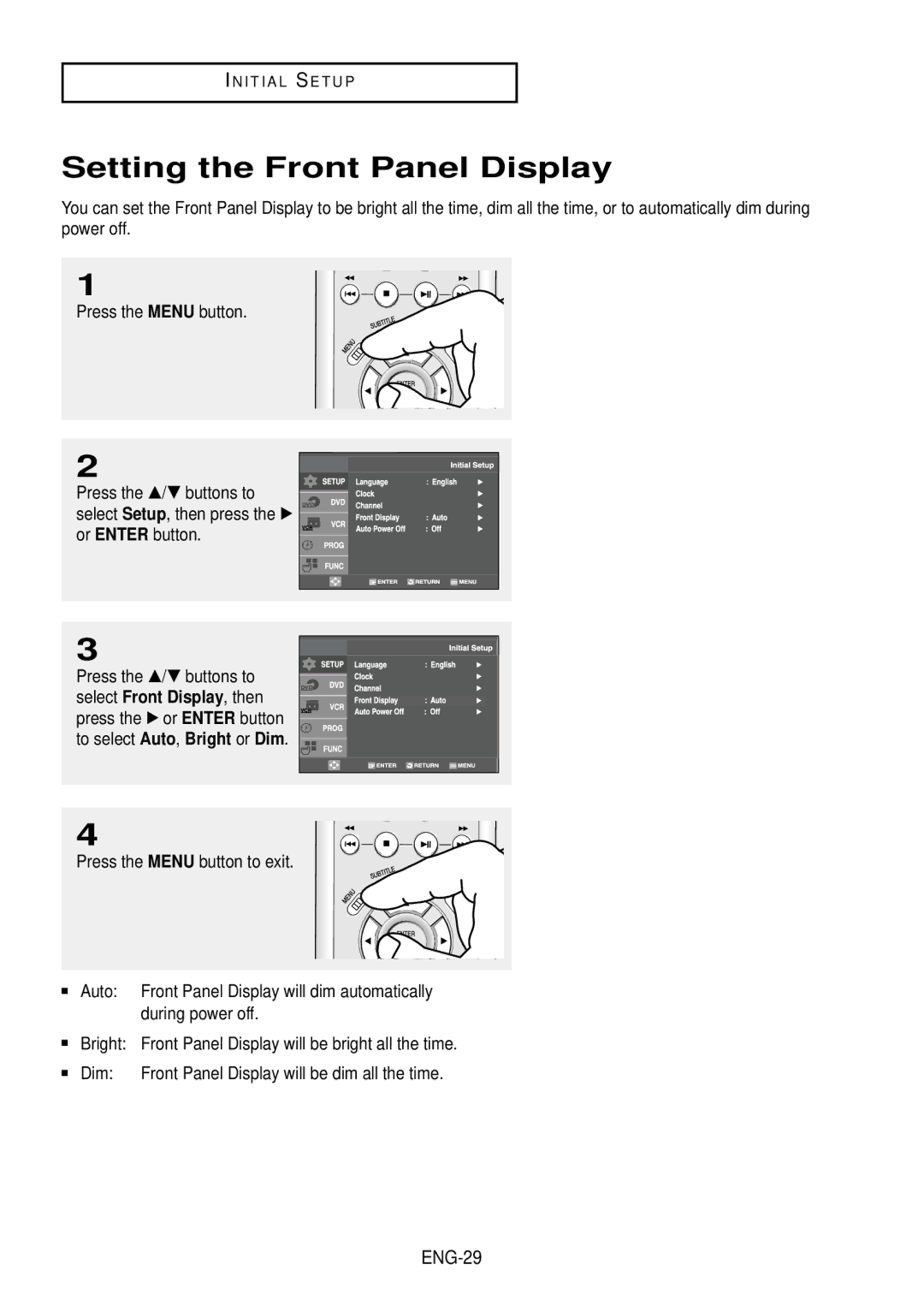 Samsung DVD-V9500 instruction manual Setting the Front Panel Display, ENG-29 