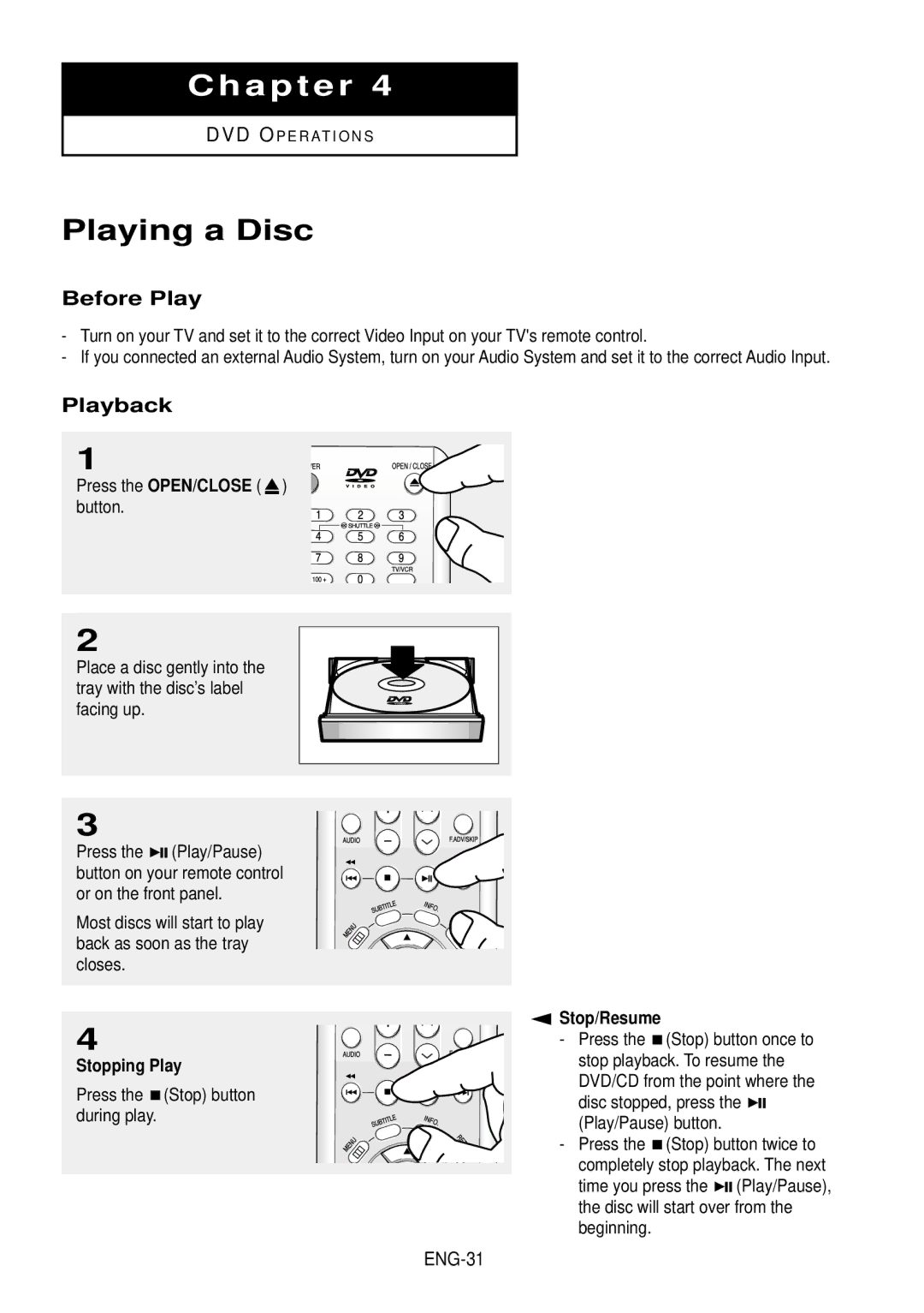 Samsung DVD-V9500 instruction manual Playing a Disc, Before Play, Playback, Stopping Play, Stop/Resume 