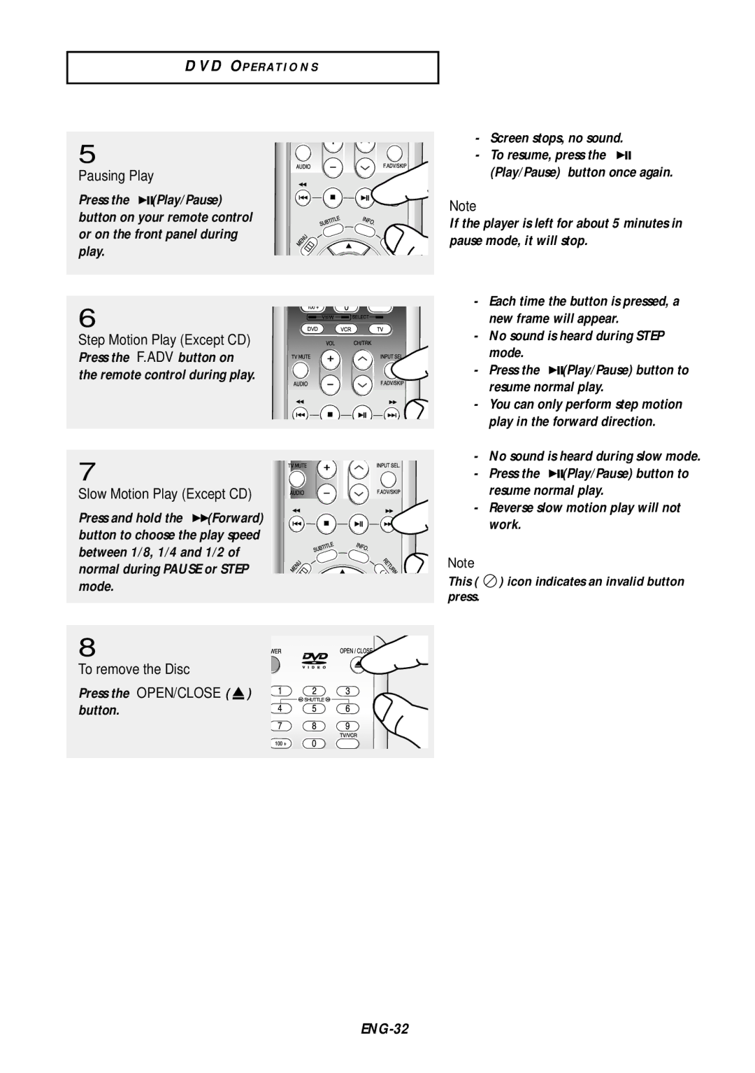 Samsung DVD-V9500 instruction manual Pausing Play, Slow Motion Play Except CD, To remove the Disc 