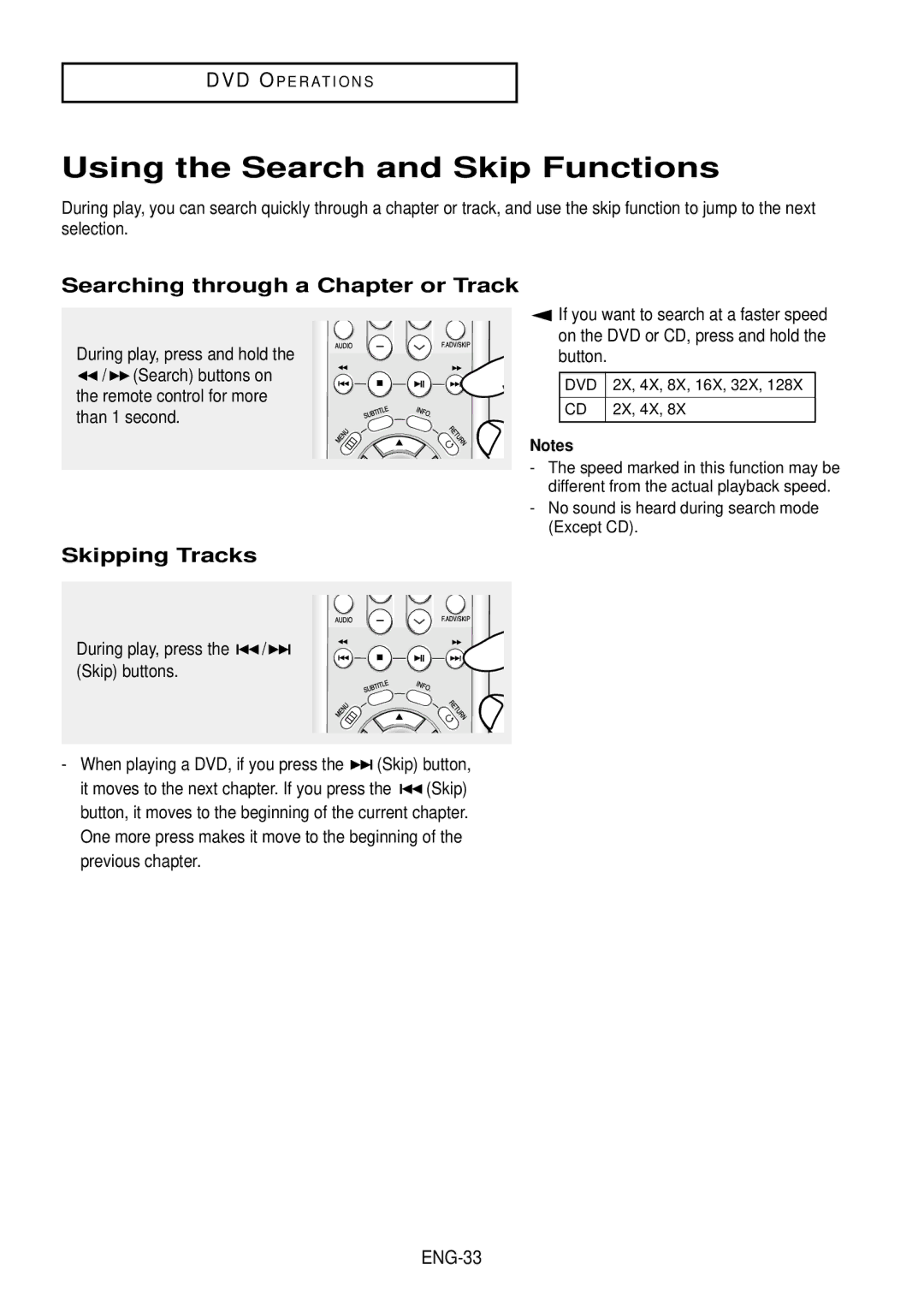 Samsung DVD-V9500 Using the Search and Skip Functions, Searching through a Chapter or Track, Skipping Tracks 