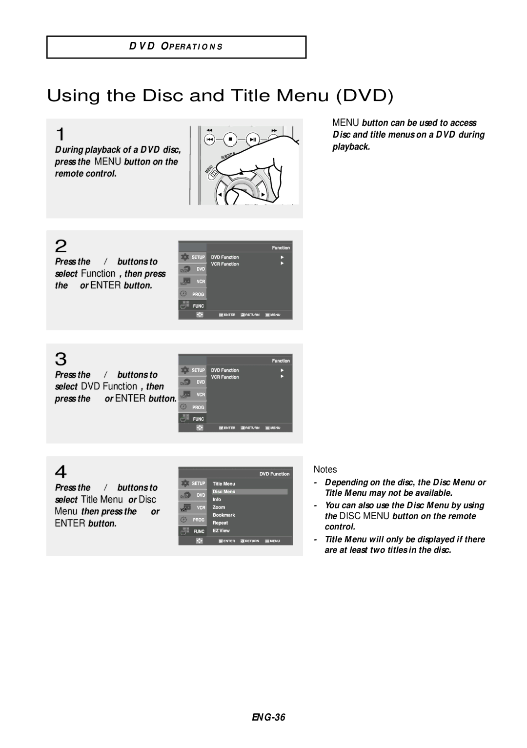 Samsung DVD-V9500 instruction manual Using the Disc and Title Menu DVD, ENG-36 