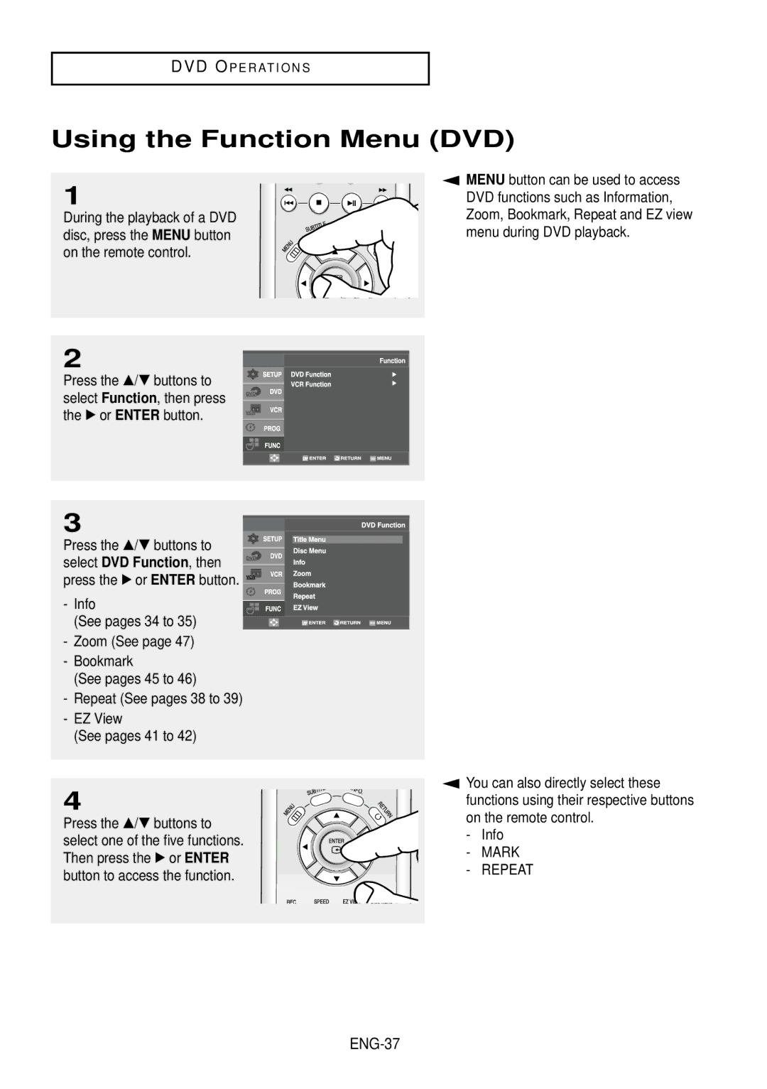 Samsung DVD-V9500 instruction manual Using the Function Menu DVD, ENG-37 