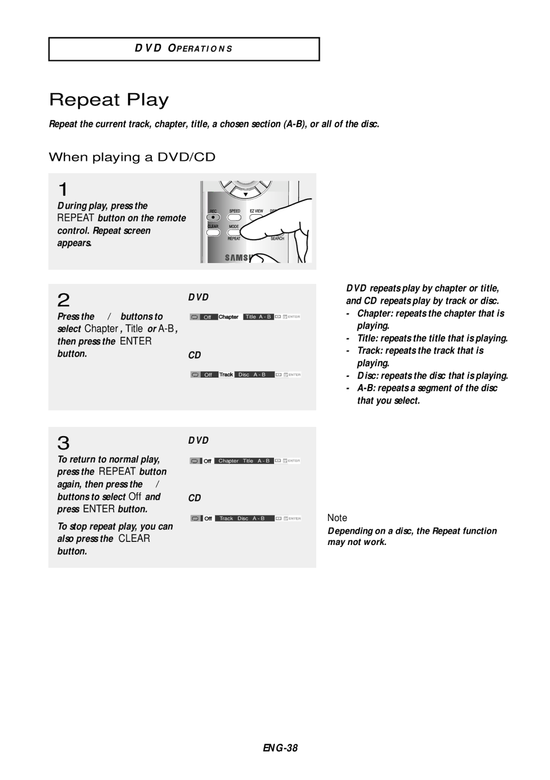 Samsung DVD-V9500 instruction manual Repeat Play, Press the œ/√ buttons to, Then press the Enter Button, ENG-38 