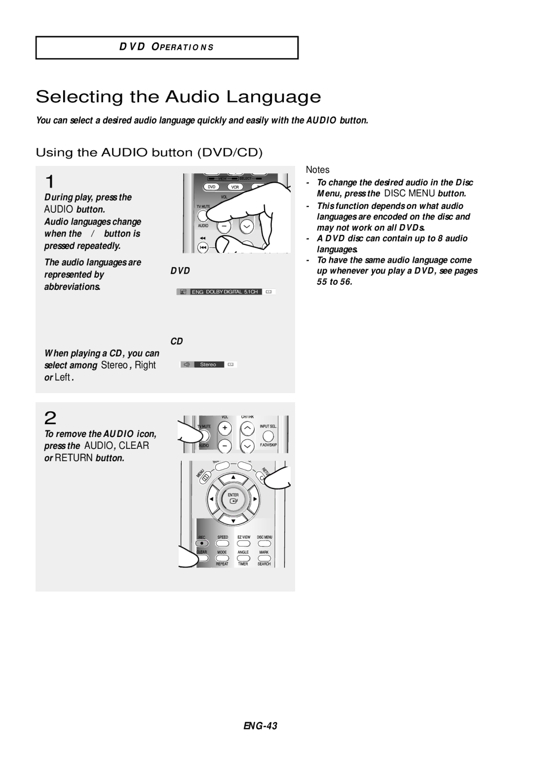 Samsung DVD-V9500 Selecting the Audio Language, Using the Audio button DVD/CD, During play, press the Audio button, ENG-43 