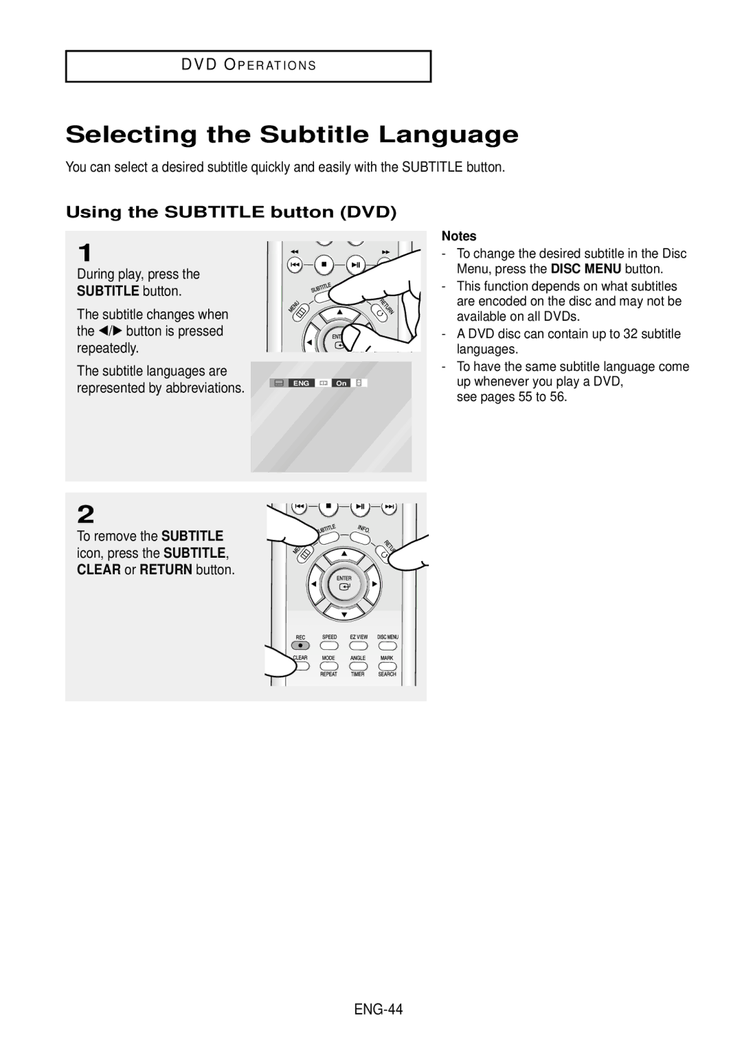 Samsung DVD-V9500 Selecting the Subtitle Language, Using the Subtitle button DVD, During play, press, ENG-44 
