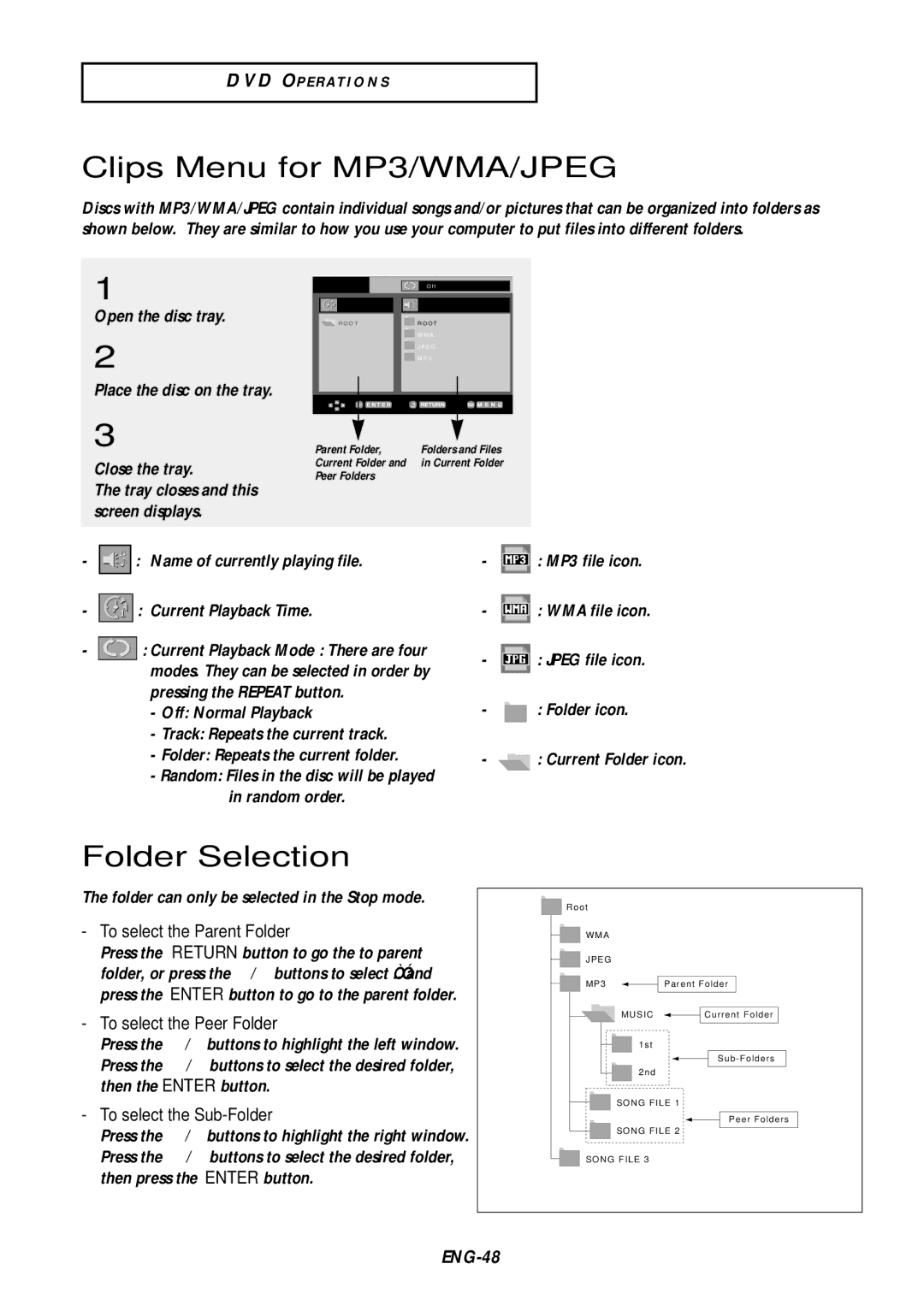 Samsung DVD-V9500 Clips Menu for MP3/WMA/JPEG, Folder Selection, To select the Parent Folder, To select the Peer Folder 