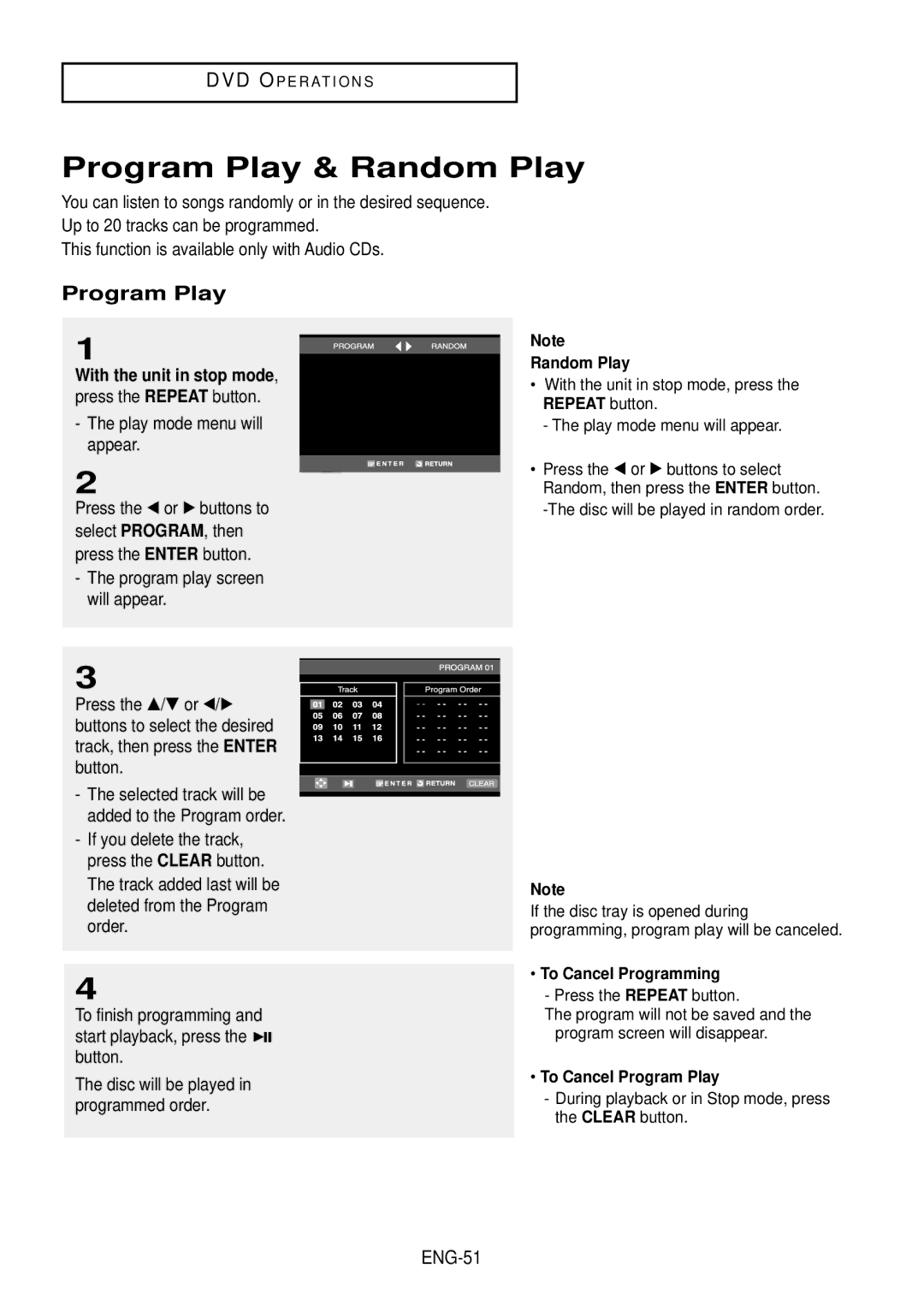 Samsung DVD-V9500 Program Play & Random Play, Play mode menu will appear, Program play screen will appear, ENG-51 