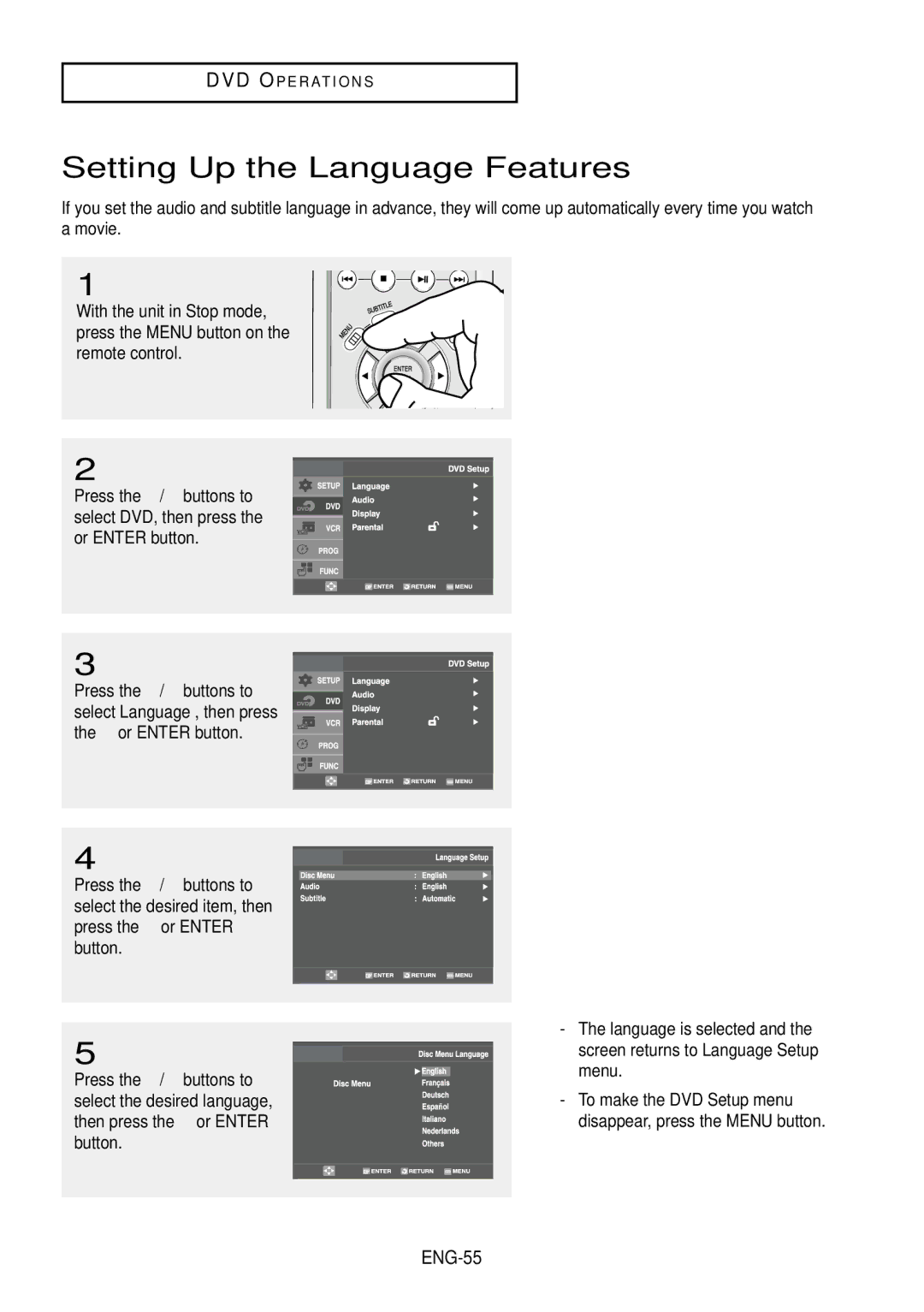 Samsung DVD-V9500 instruction manual Setting Up the Language Features, ENG-55 