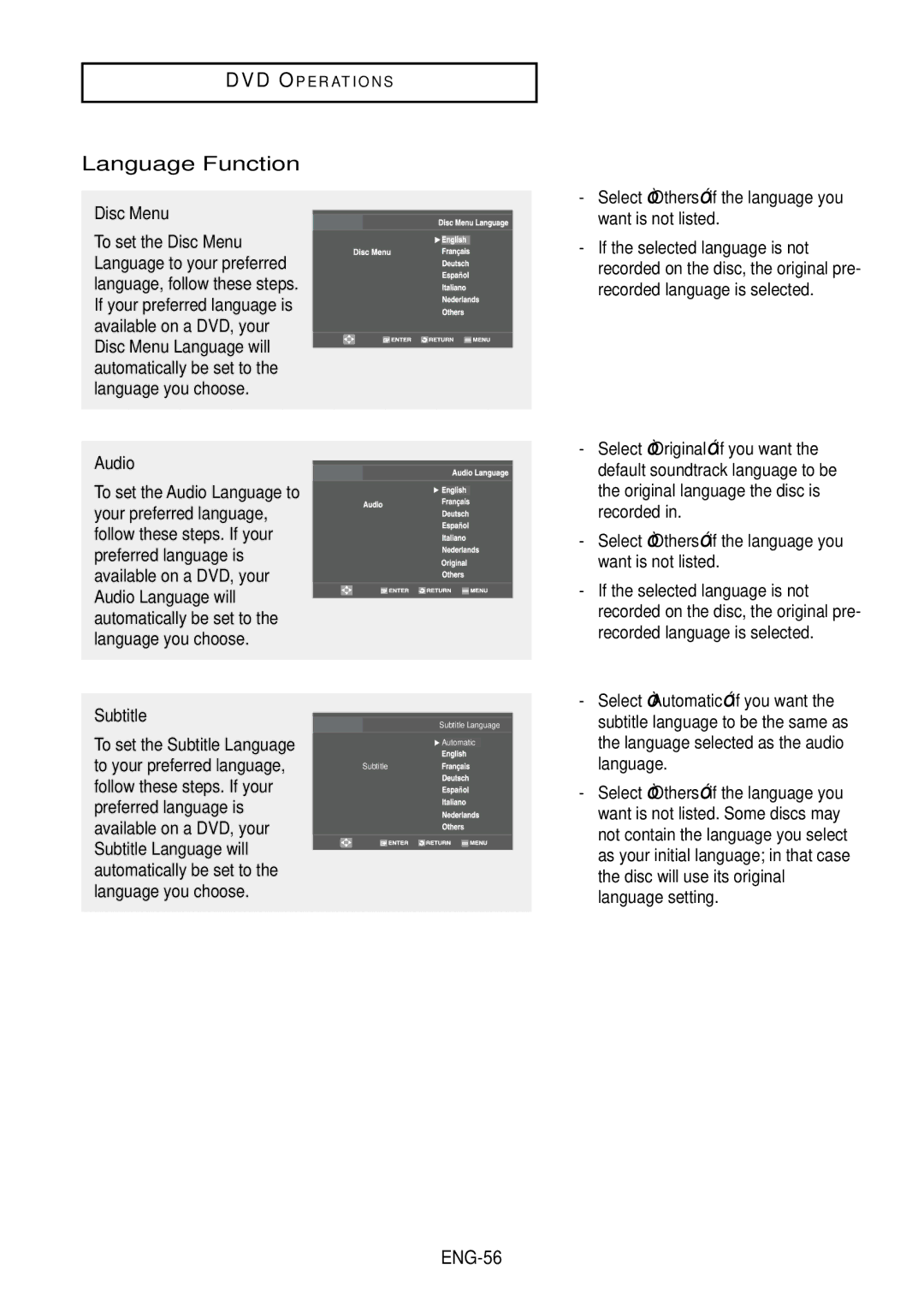 Samsung DVD-V9500 instruction manual Language Function, Disc Menu, Audio, Subtitle 