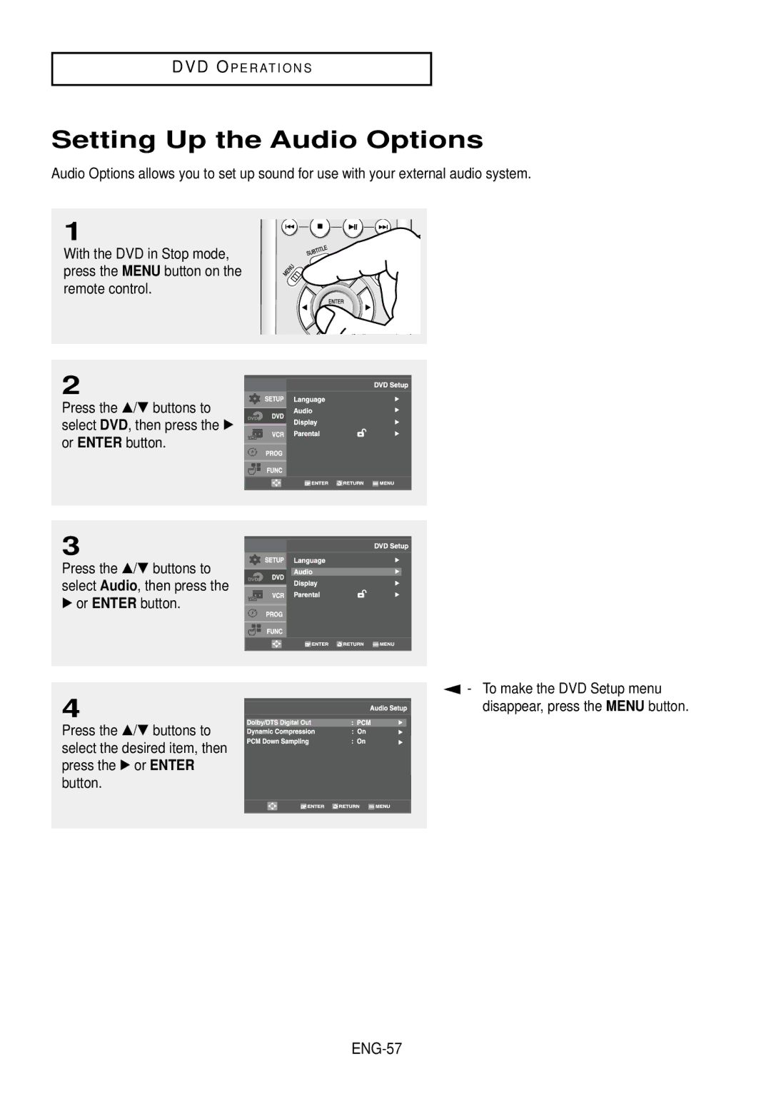 Samsung DVD-V9500 instruction manual Setting Up the Audio Options, ENG-57 