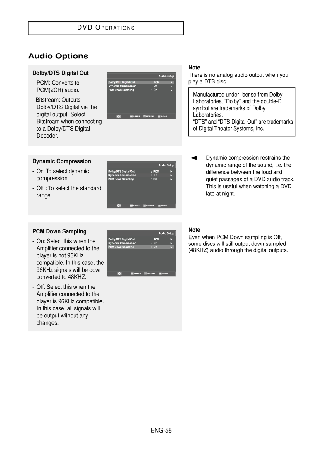 Samsung DVD-V9500 instruction manual Audio Options, Dolby/DTS Digital Out, Dynamic Compression, PCM Down Sampling 