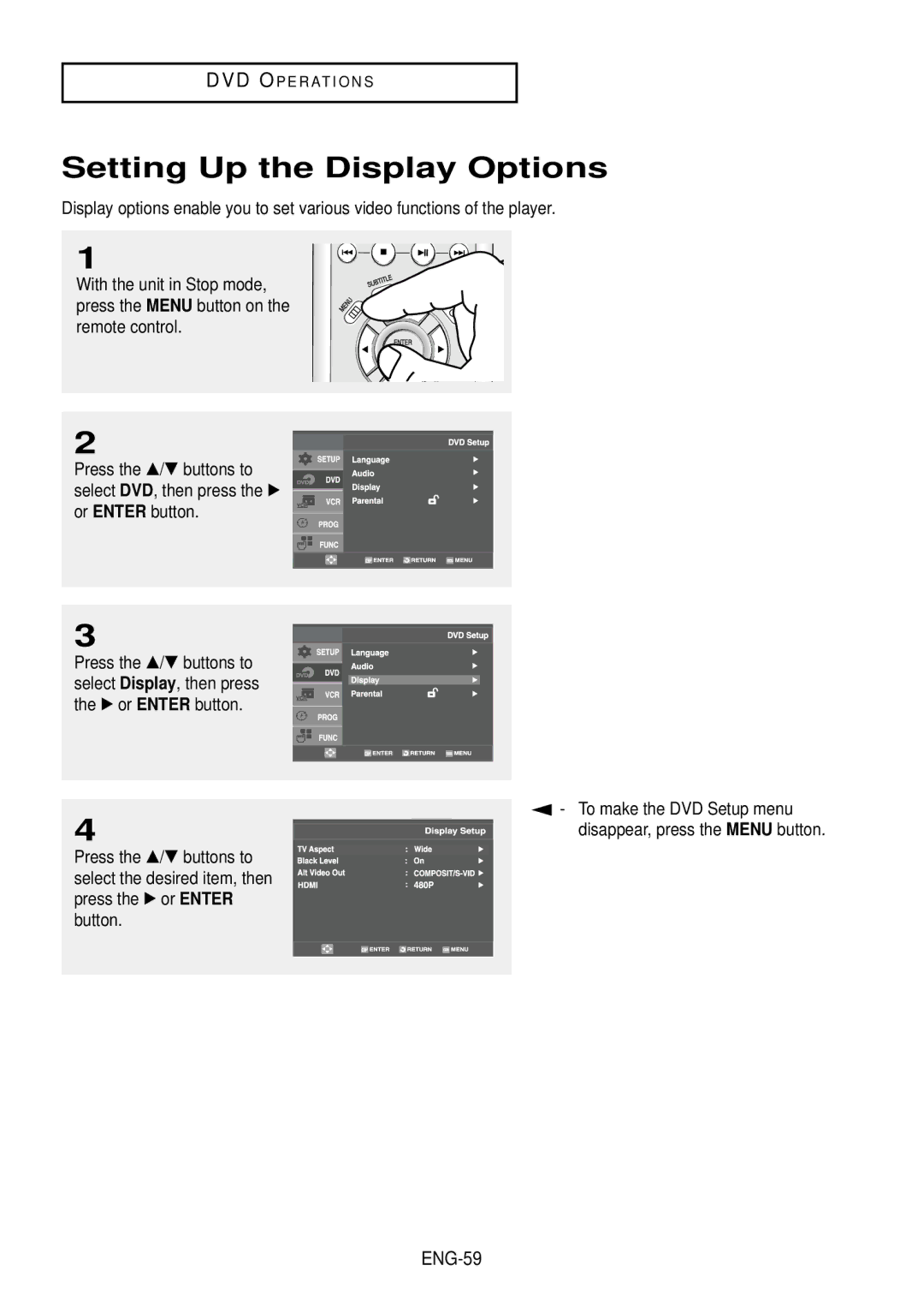 Samsung DVD-V9500 instruction manual Setting Up the Display Options, ENG-59 