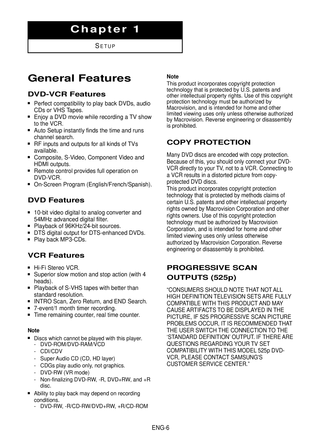 Samsung DVD-V9500 instruction manual General Features, DVD-VCR Features, DVD Features, Outputs 525p 