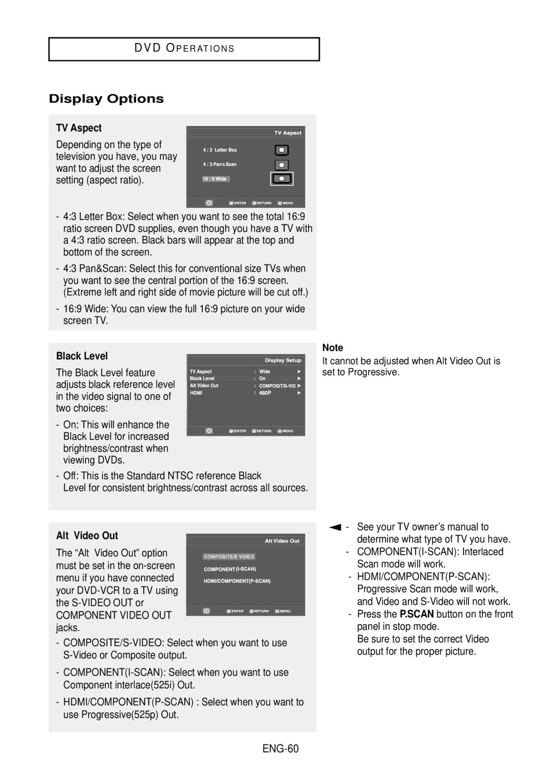 Samsung DVD-V9500 instruction manual Display Options, TV Aspect, Black Level, Alt Video Out 