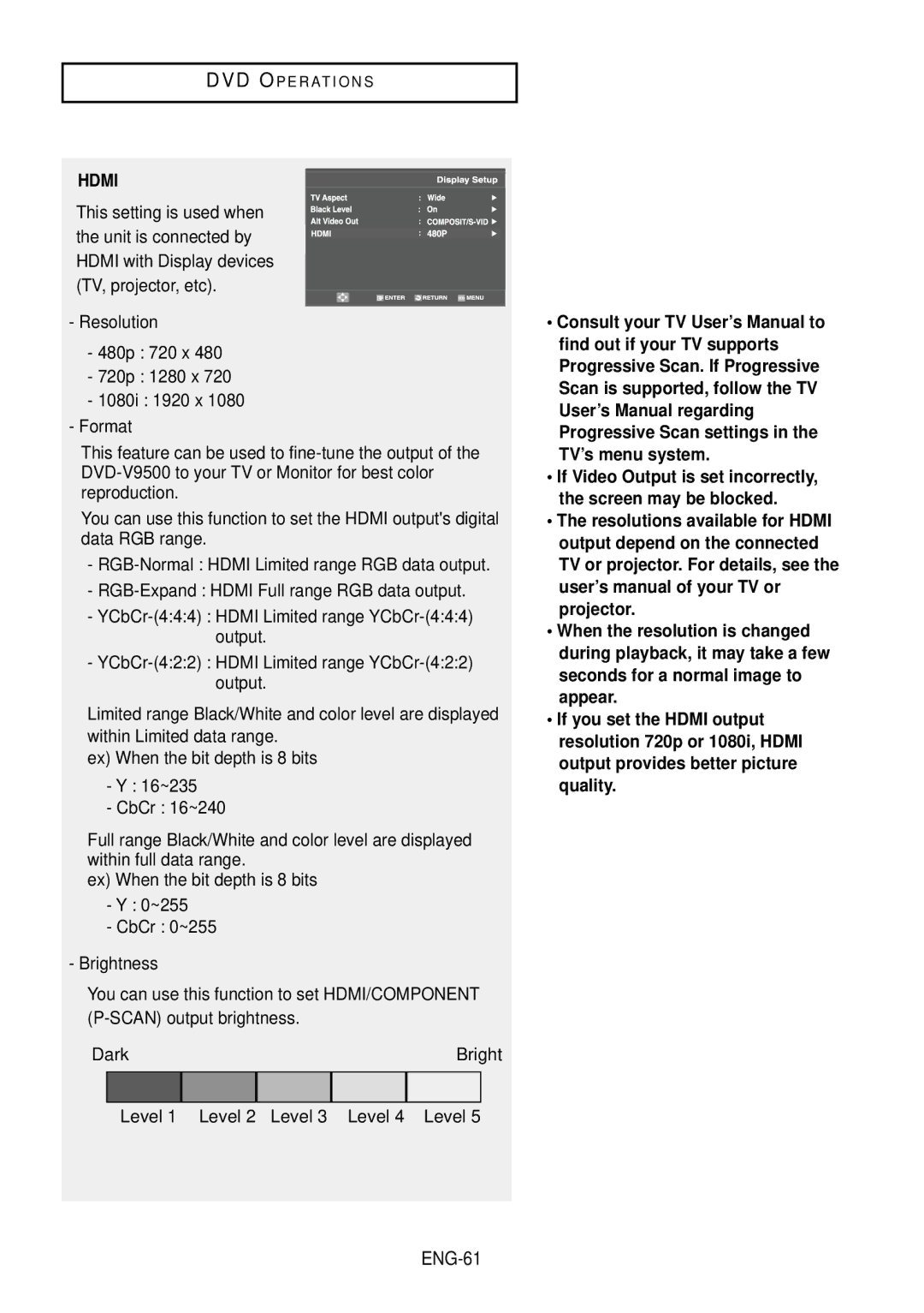 Samsung DVD-V9500 instruction manual Hdmi, ENG-61 