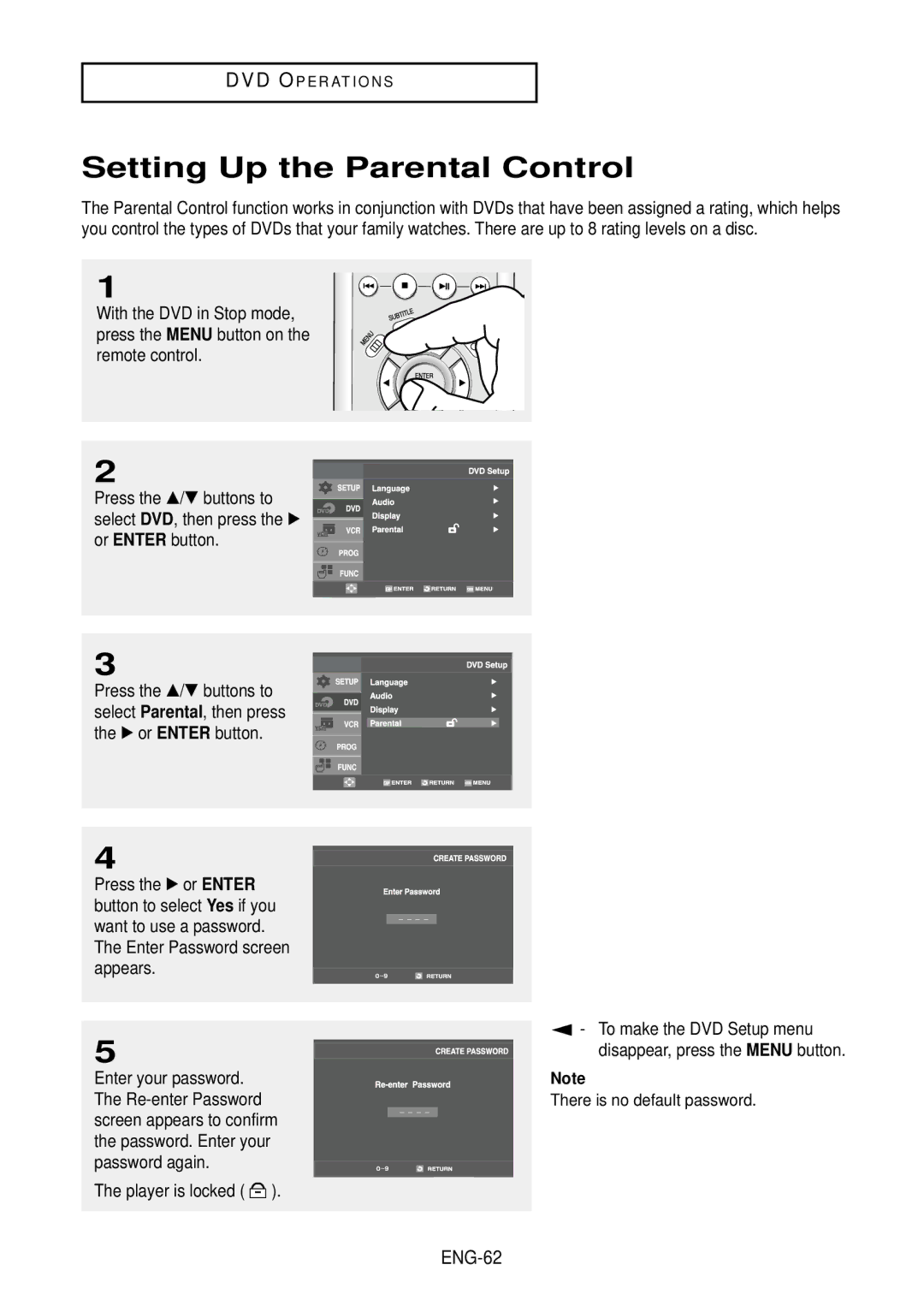 Samsung DVD-V9500 instruction manual Setting Up the Parental Control, Player is locked, ENG-62 