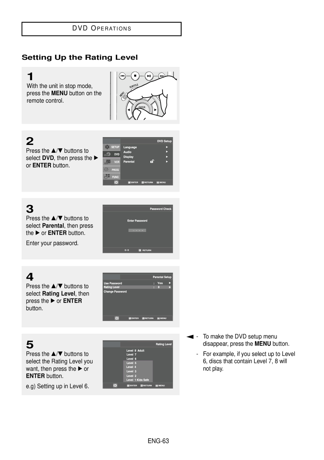 Samsung DVD-V9500 instruction manual Setting Up the Rating Level, To make the DVD setup menu, Not play, ENG-63 