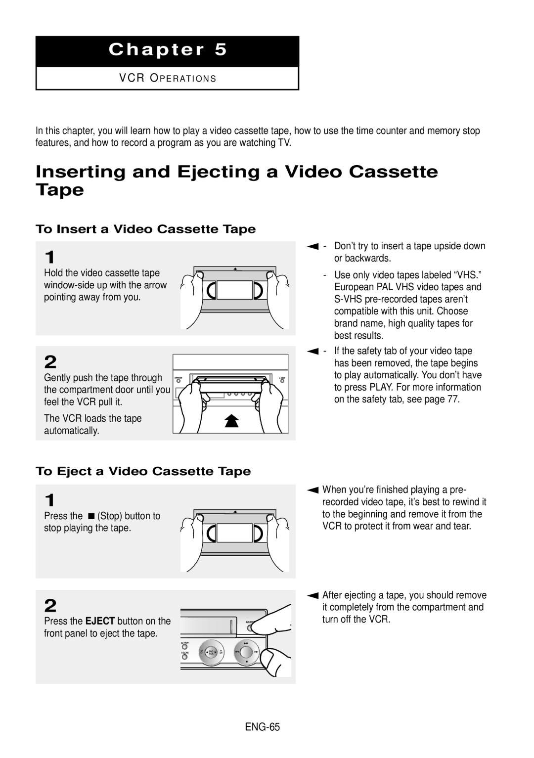 Samsung DVD-V9500 instruction manual Inserting and Ejecting a Video Cassette Tape, To Insert a Video Cassette Tape 