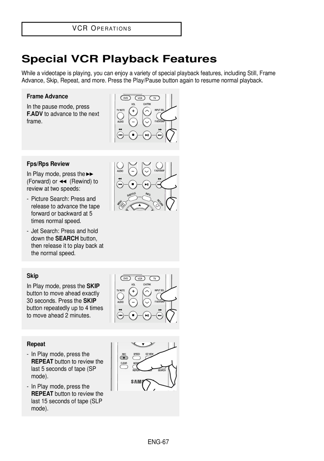 Samsung DVD-V9500 instruction manual Special VCR Playback Features, Frame Advance, Fps/Rps Review, Skip, Repeat 