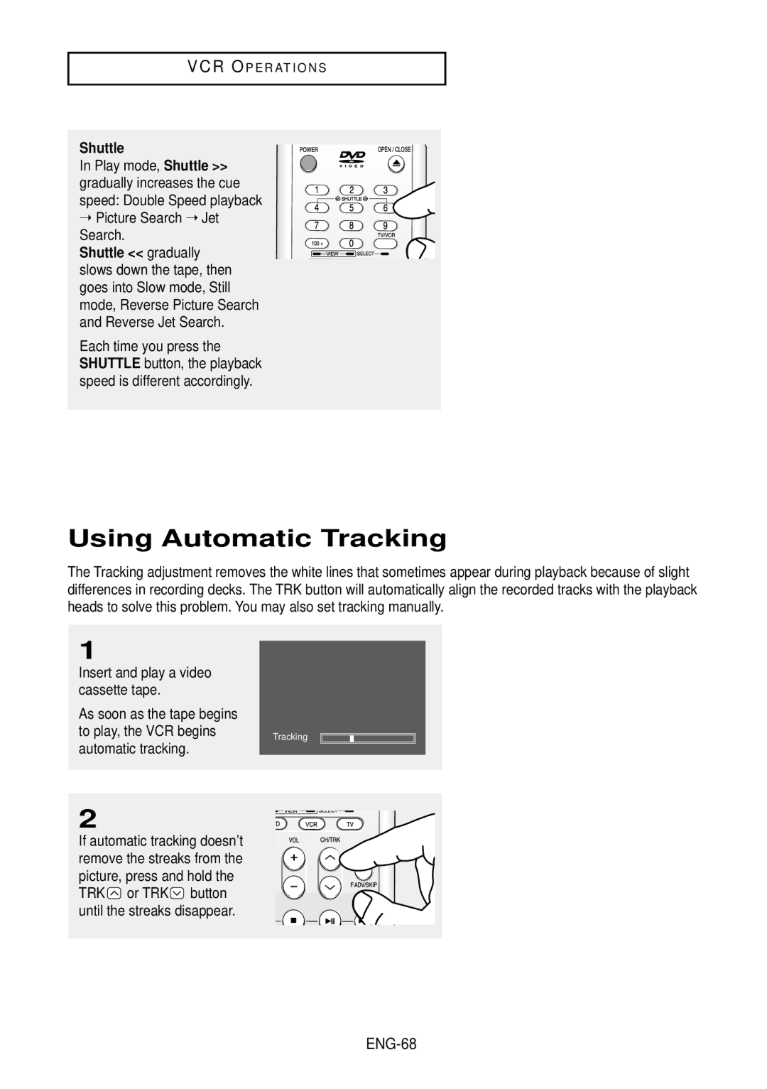 Samsung DVD-V9500 instruction manual Using Automatic Tracking, Shuttle, Insert and play a video cassette tape, ENG-68 