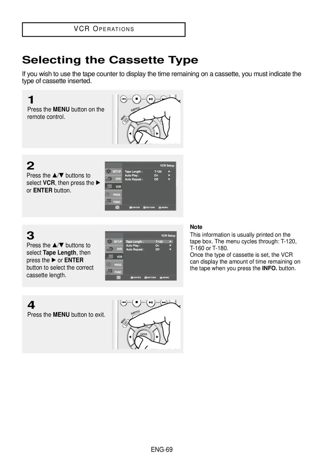 Samsung DVD-V9500 instruction manual Selecting the Cassette Type, ENG-69 