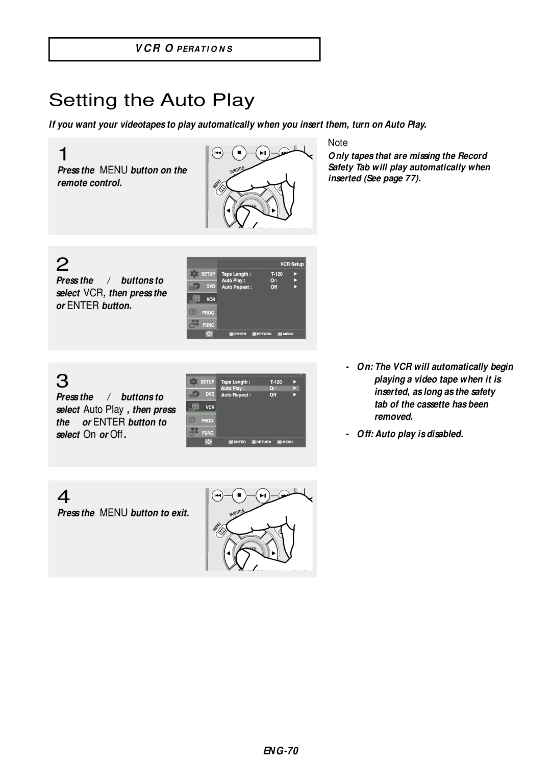 Samsung DVD-V9500 instruction manual Setting the Auto Play 