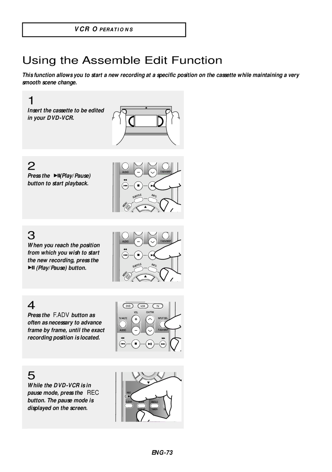 Samsung DVD-V9500 instruction manual Using the Assemble Edit Function, ENG-73 