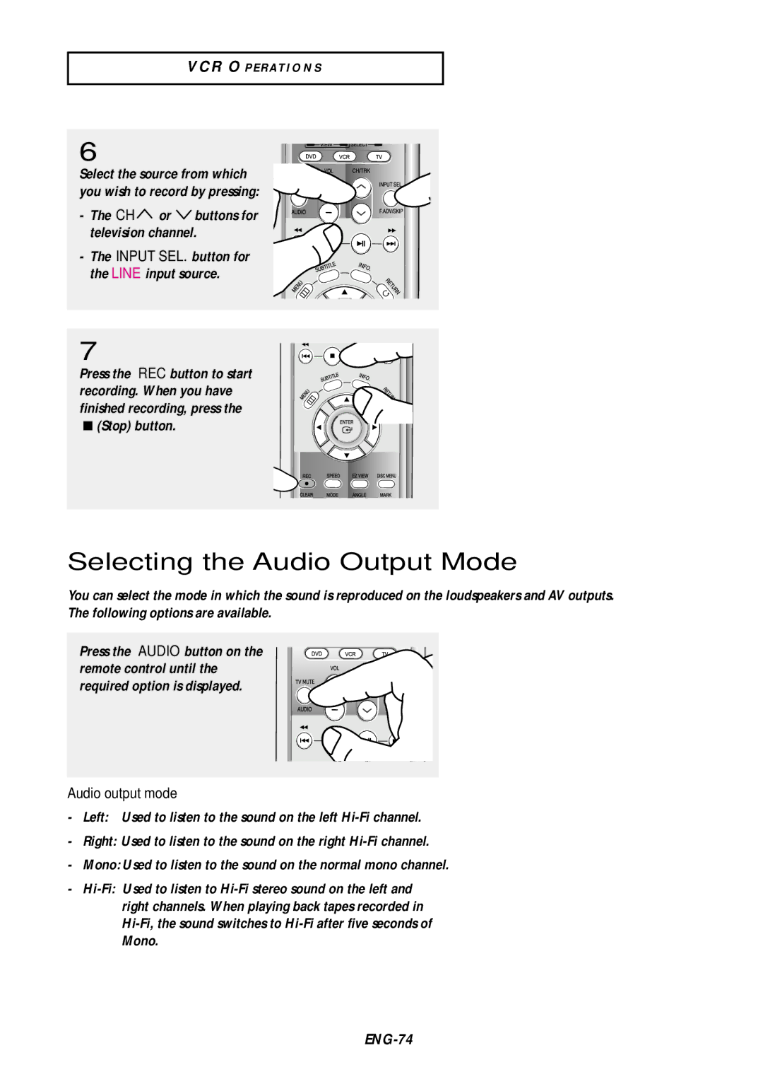 Samsung DVD-V9500 Selecting the Audio Output Mode, CH or buttons for television channel, Audio output mode 