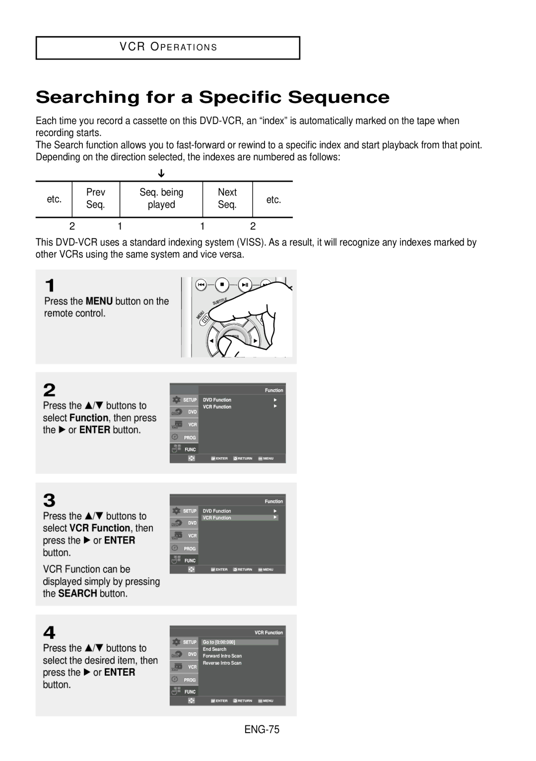 Samsung DVD-V9500 instruction manual Searching for a Specific Sequence, Next Etc Seq, ENG-75 