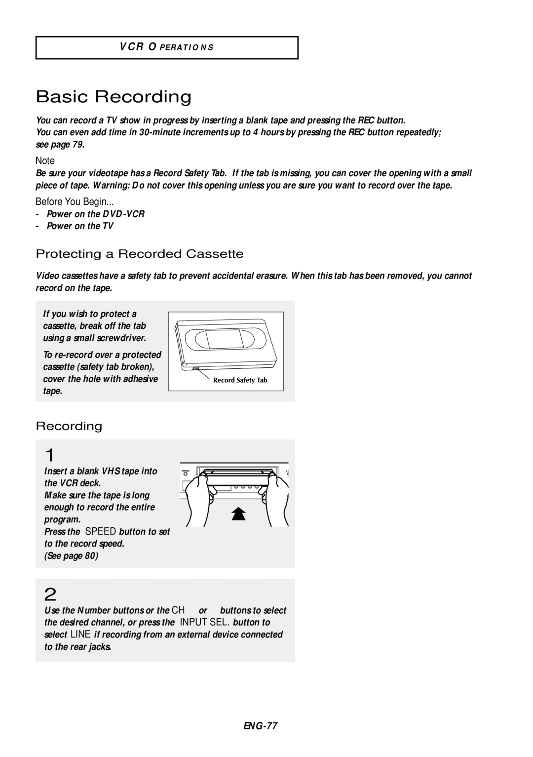 Samsung DVD-V9500 Basic Recording, Protecting a Recorded Cassette, Before You Begin, Power on the DVD-VCR Power on the TV 