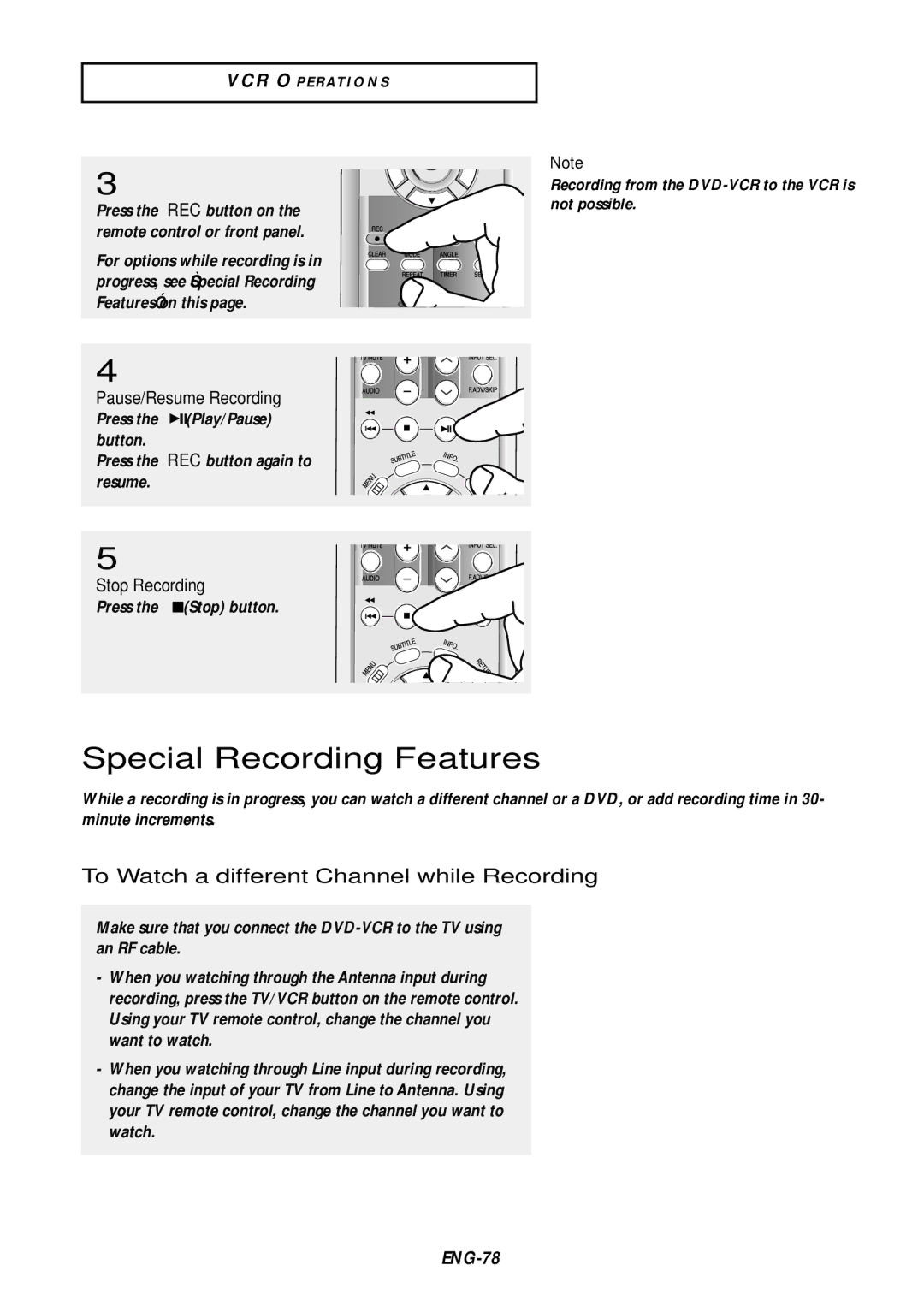 Samsung DVD-V9500 Special Recording Features, To Watch a different Channel while Recording, Stop Recording 