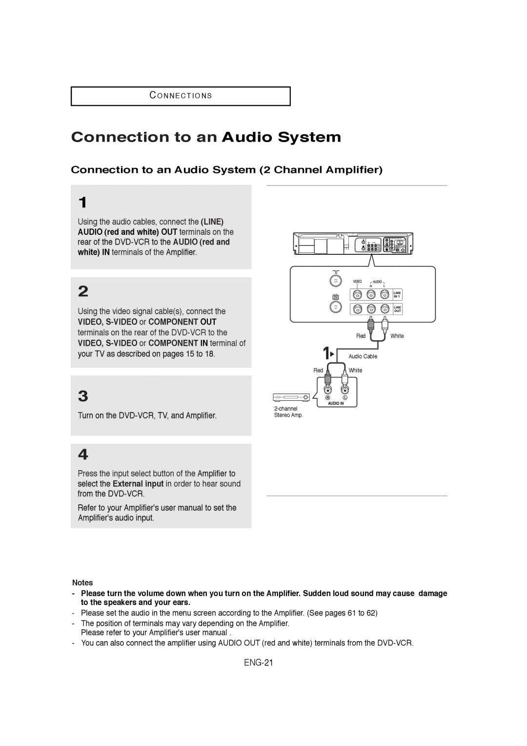 Samsung DVD-V9650 instruction manual Connection to an Audio System 2 Channel Amplifier, ENG-21 