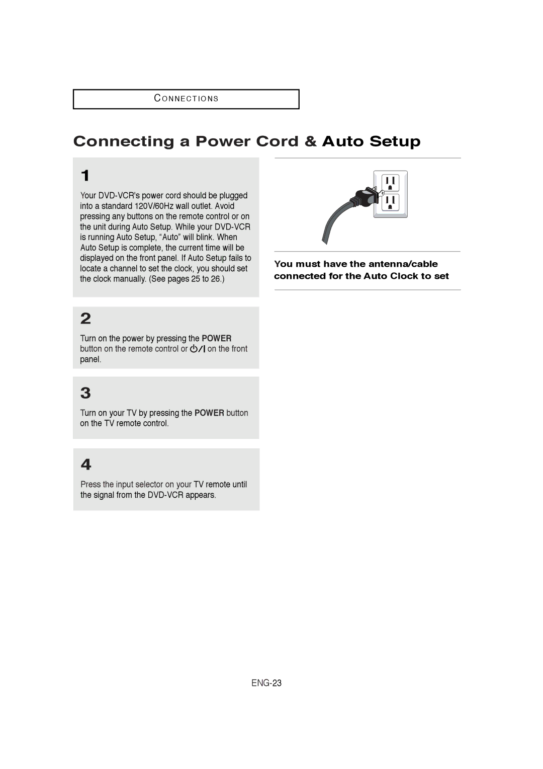 Samsung DVD-V9650 instruction manual Connecting a Power Cord & Auto Setup, ENG-23 